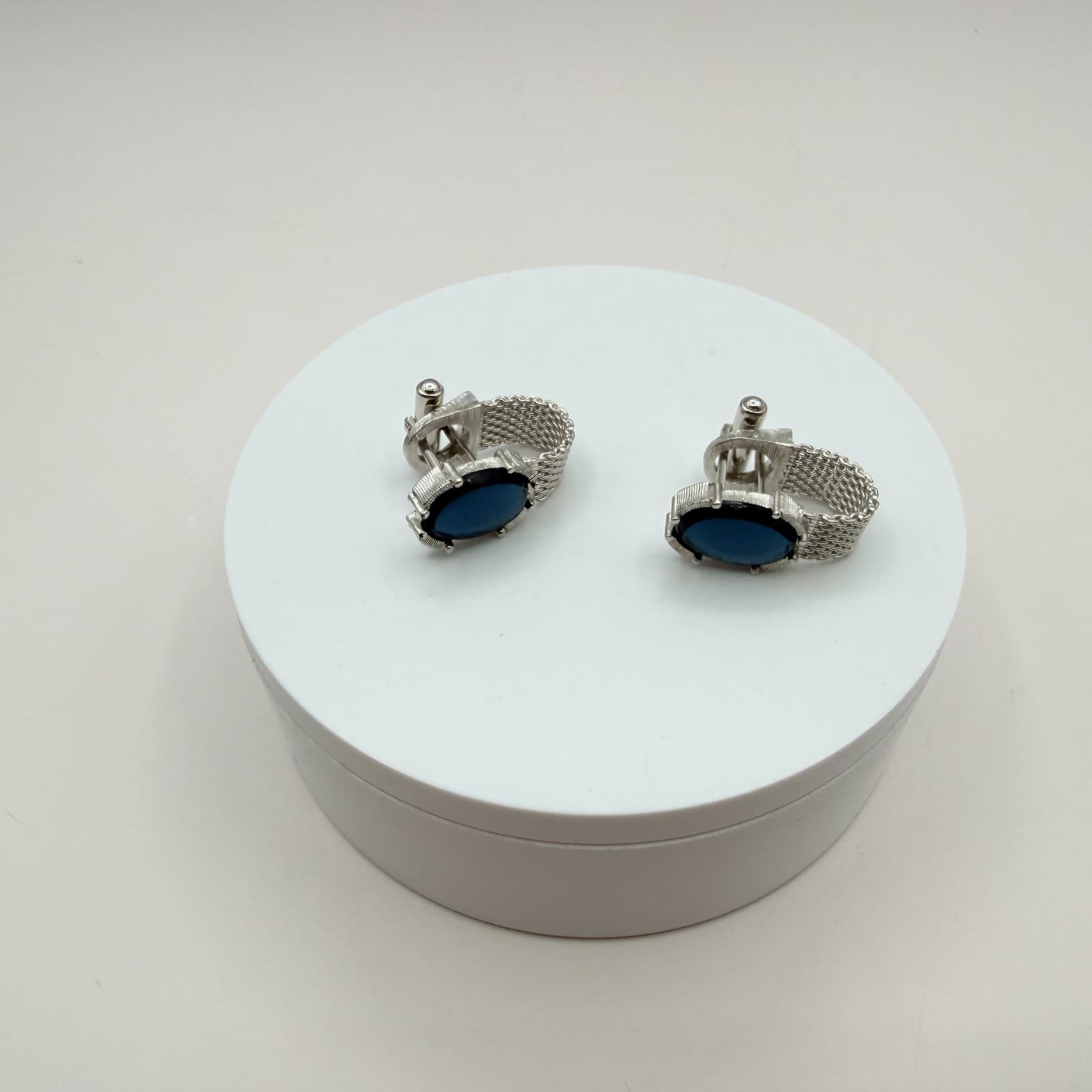 Vintage 60s Mid Century Cufflinks Silver Tone Blue Cabochon Glass Mesh Link Art - Thumbnail 3