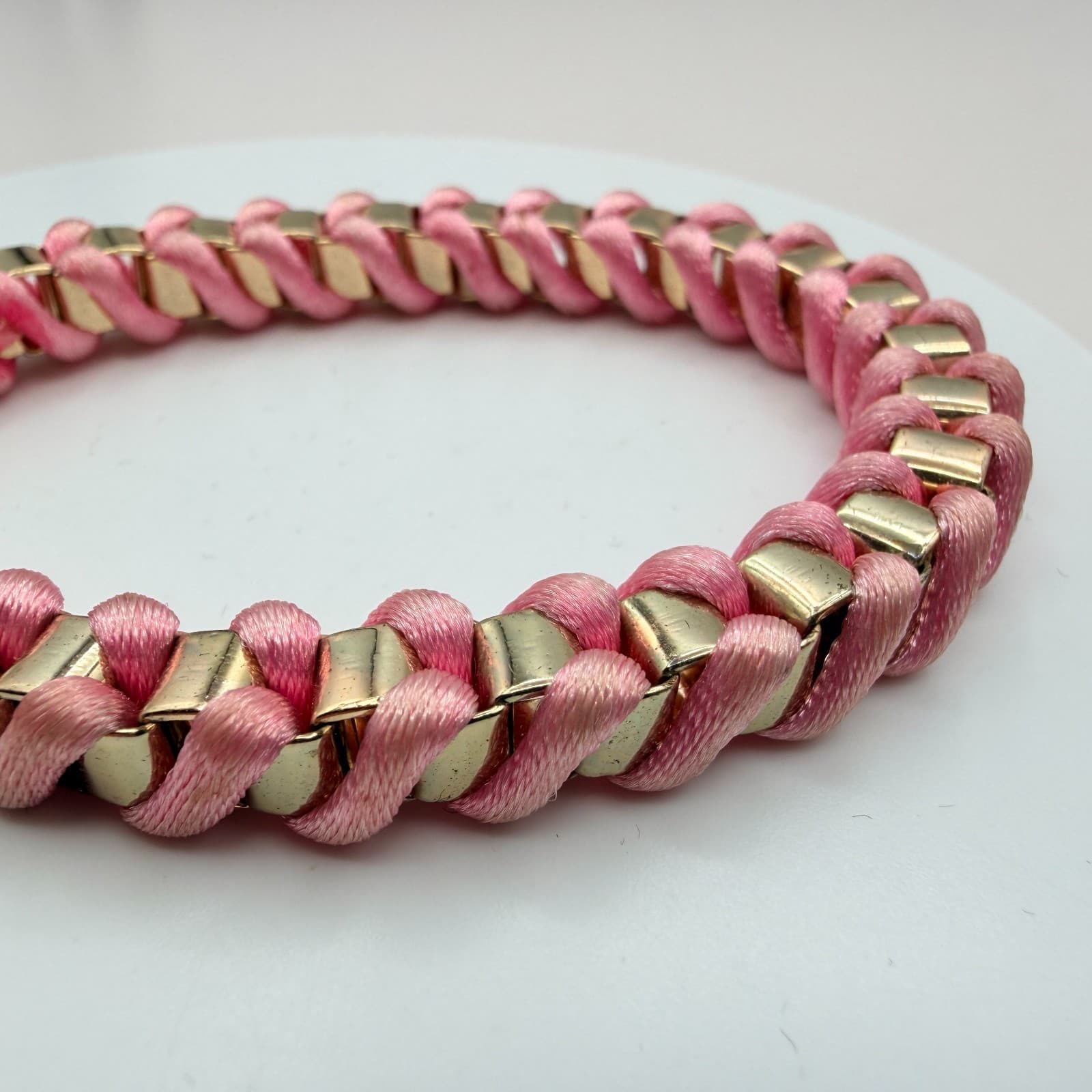 Vintage Y2K Pink Ribbon Breast Cancer Awareness Gold Tone Woven Cord Jewelry - Thumbnail 4