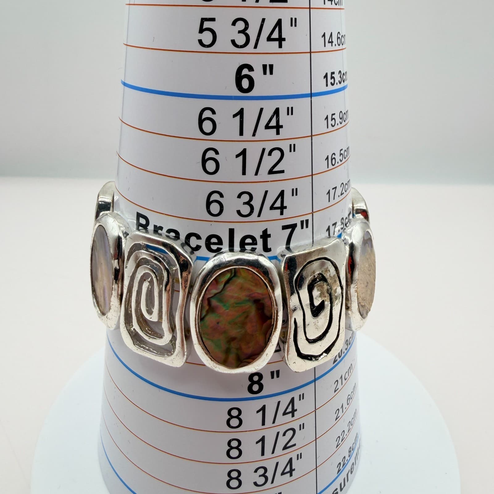 Vintage Y2K Silver Tone Abalone Shell Stretch Bracelet Boho Swirl Inlay Jewelry - Thumbnail 10