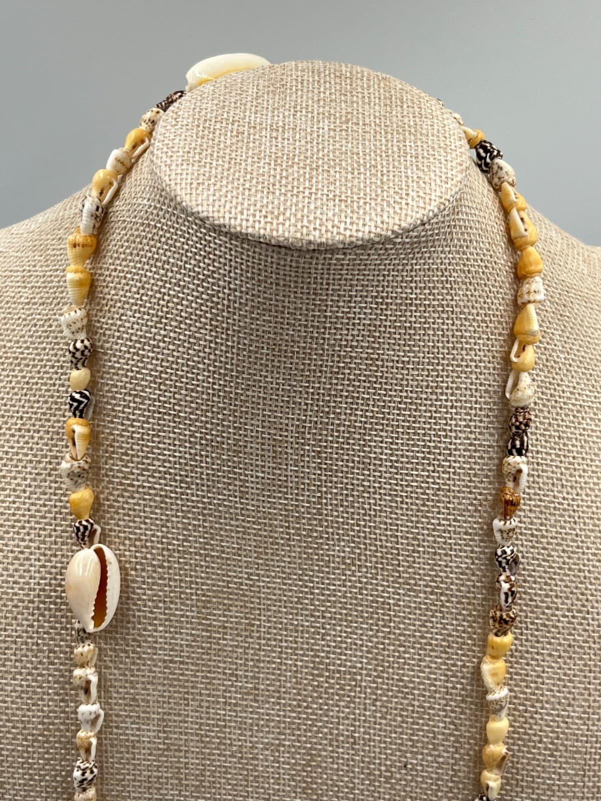 Vintage Tropical White Tan Brown Cowrie Nassa Seashell Beaded Opera Necklace - Thumbnail 2