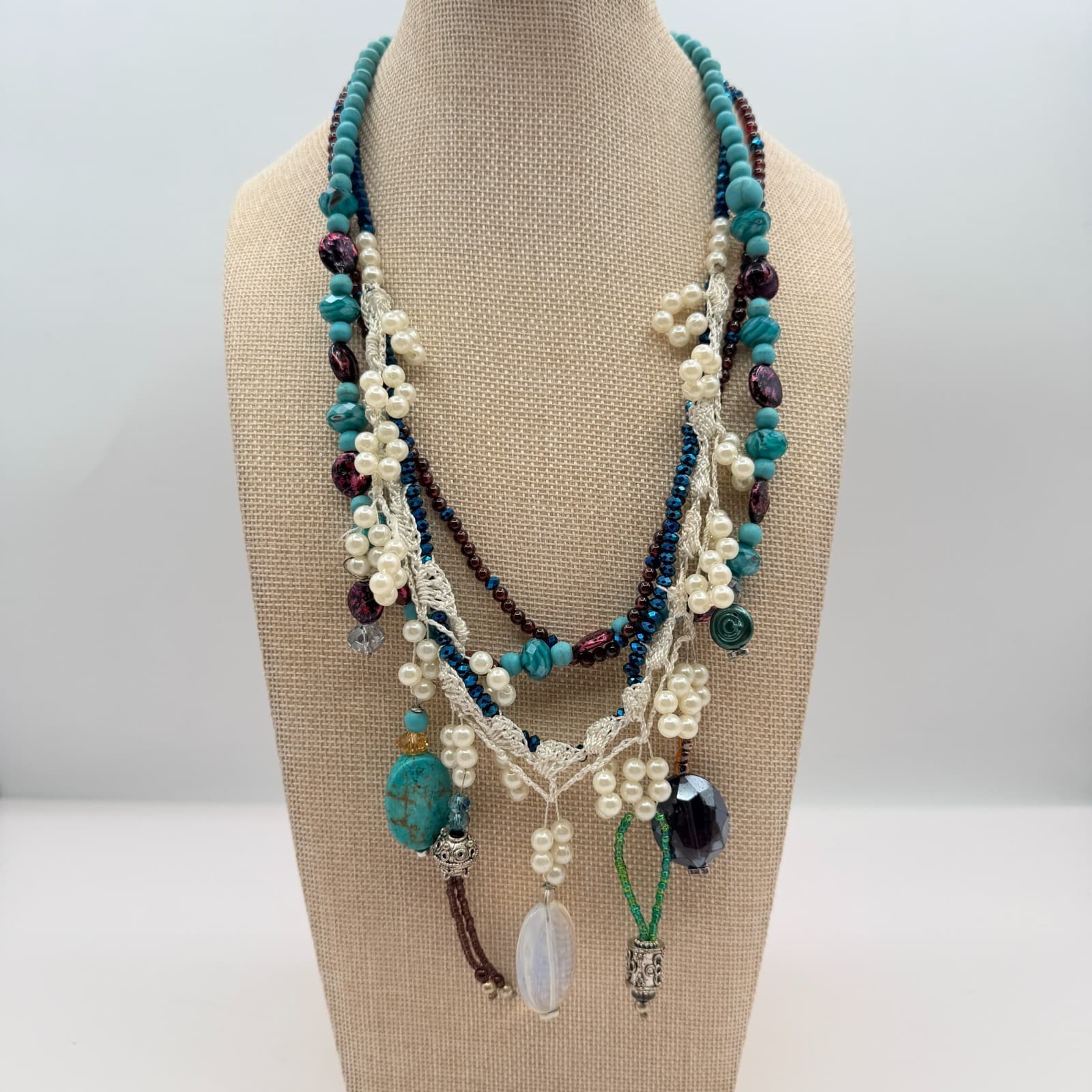 Vintage Y2K Multi Strand Beaded Turquoise Pearl Necklace Boho Statement Jewelry - Thumbnail 10