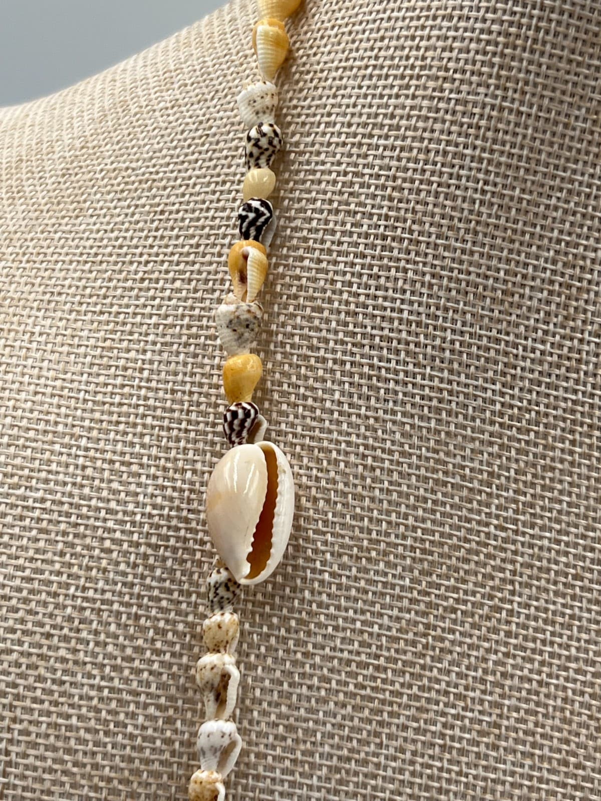 Vintage Tropical White Tan Brown Cowrie Nassa Seashell Beaded Opera Necklace - Thumbnail 3