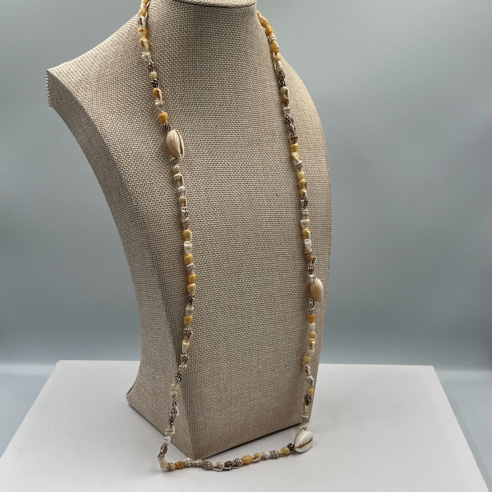 Vintage Tropical White Tan Brown Cowrie Nassa Seashell Beaded Opera Necklace - Thumbnail 6