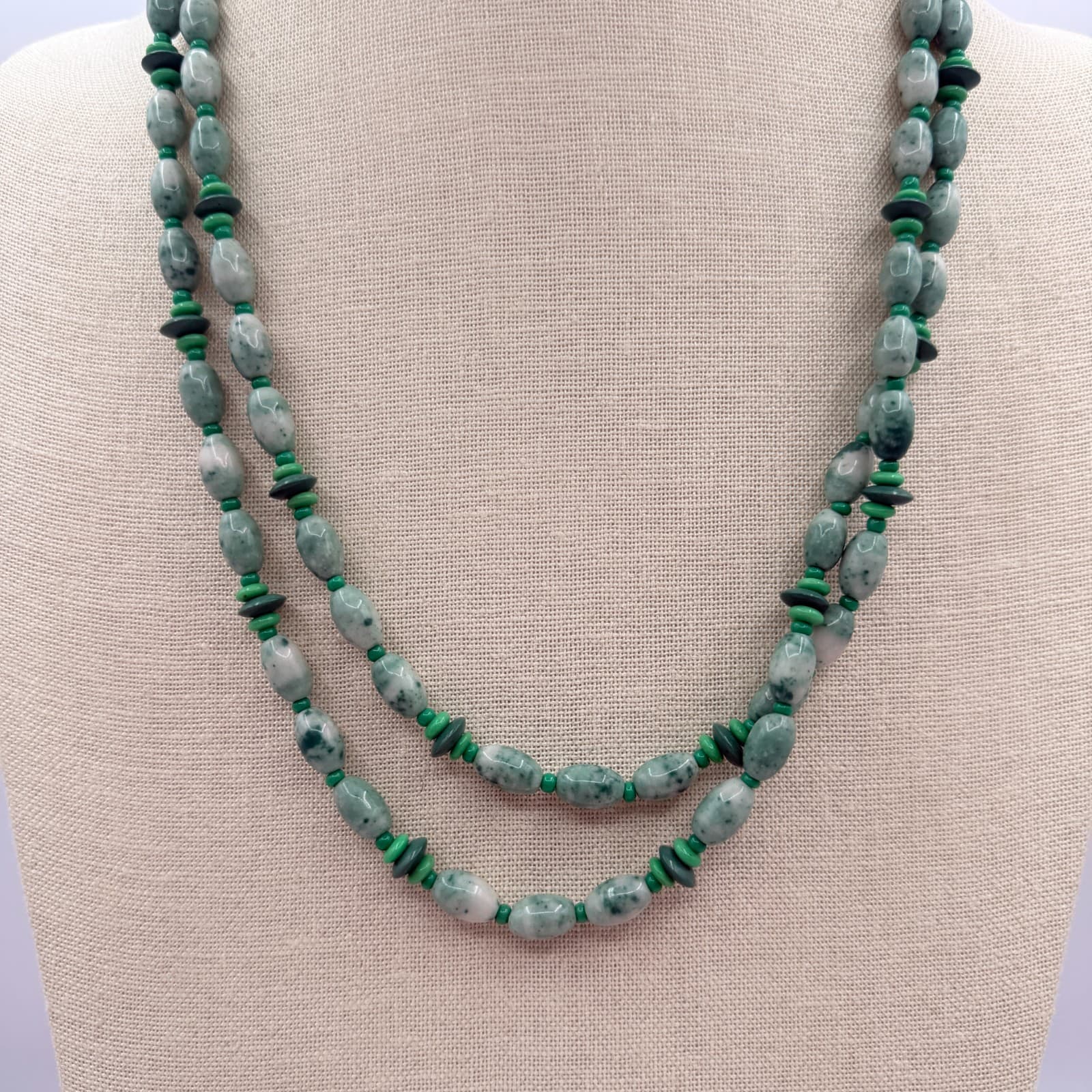 Vintage 80s Natural Jadeite Tumbled Stone Double Strand Necklace Ornate Jewelry - Thumbnail 2