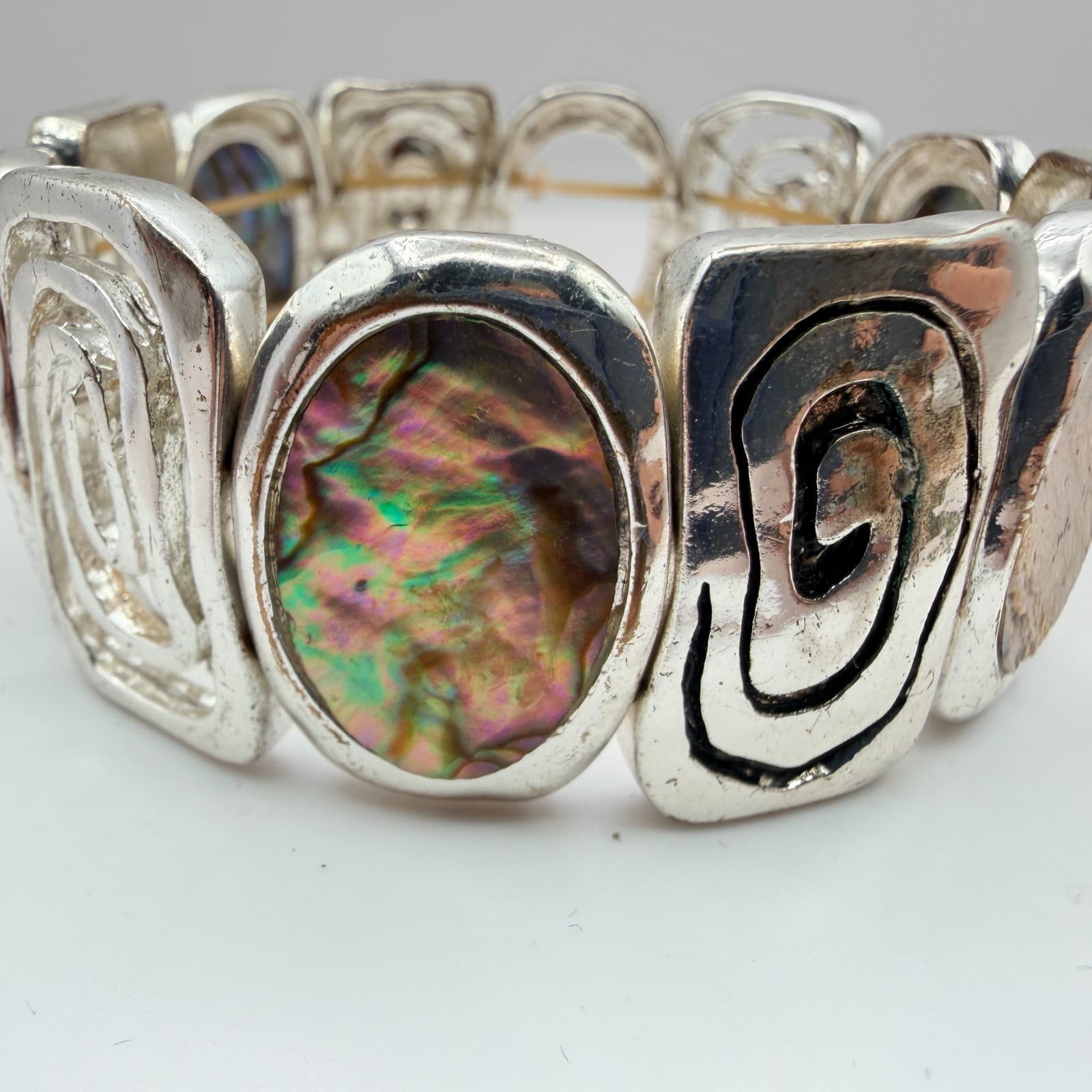 Vintage Y2K Silver Tone Abalone Shell Stretch Bracelet Boho Swirl Inlay Jewelry - Thumbnail 5