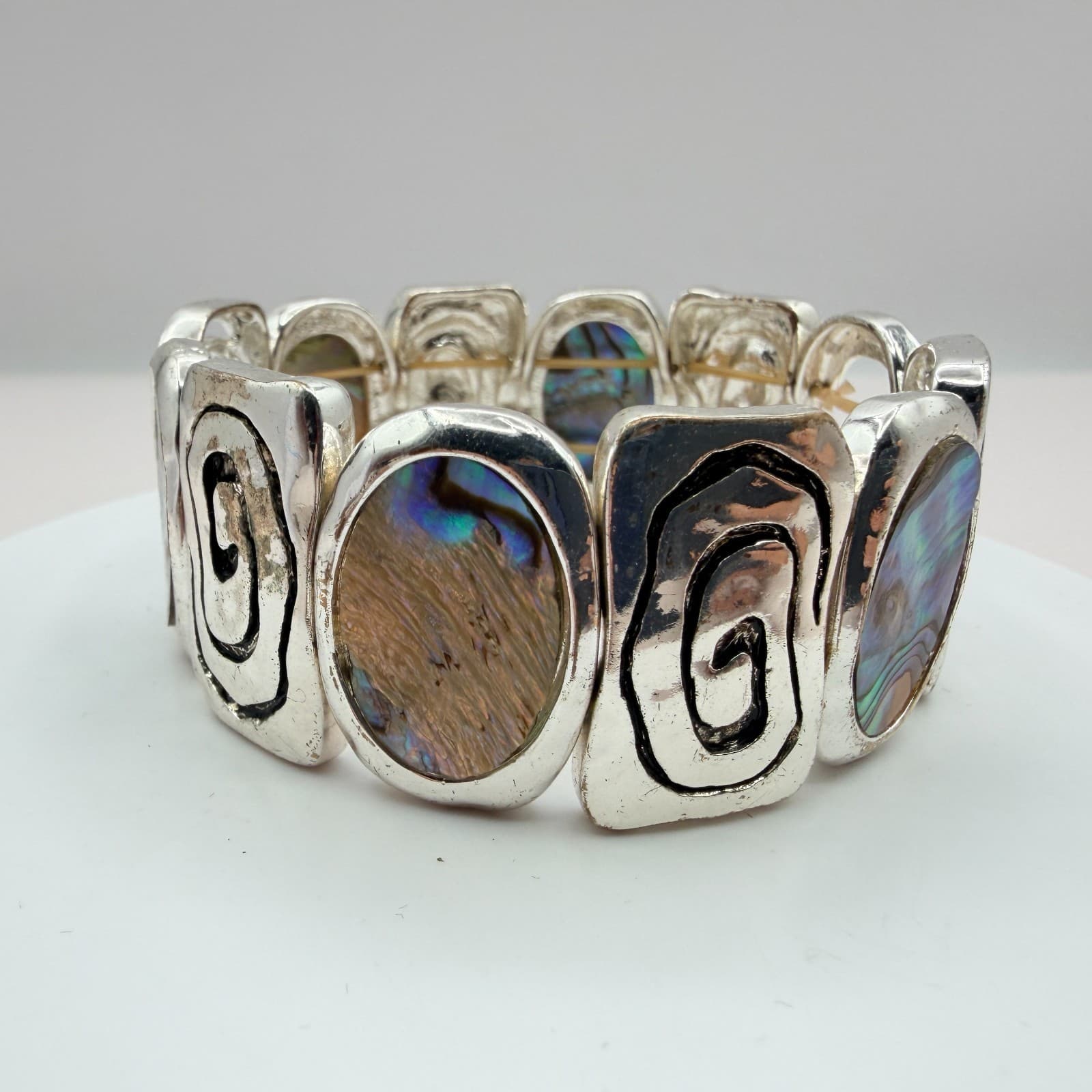 Vintage Y2K Silver Tone Abalone Shell Stretch Bracelet Boho Swirl Inlay Jewelry - Thumbnail 7