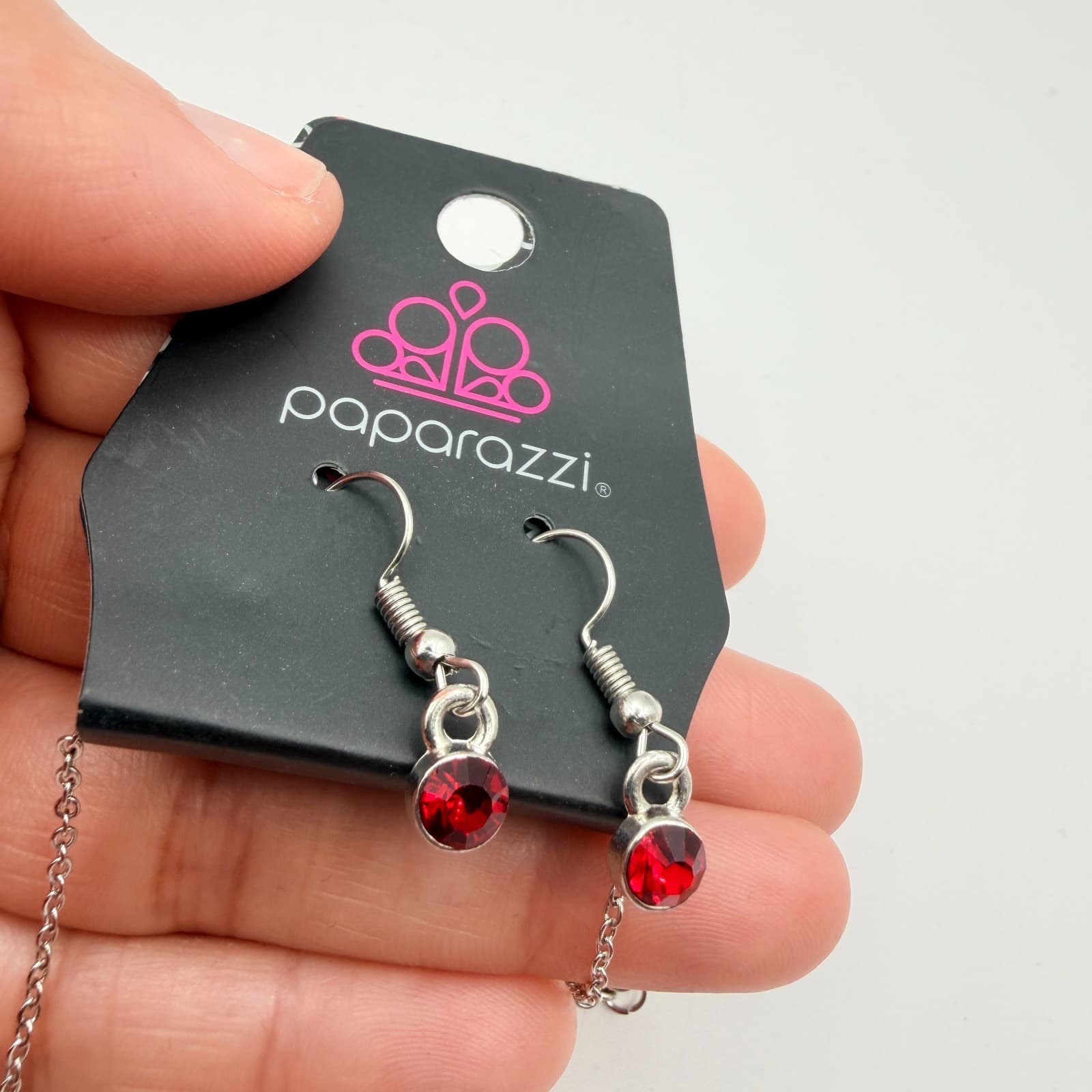 Vintage Y2K Paparazzi Red Black Rhinestone Silver Tone Necklace Earrings Jewelry - Thumbnail 5