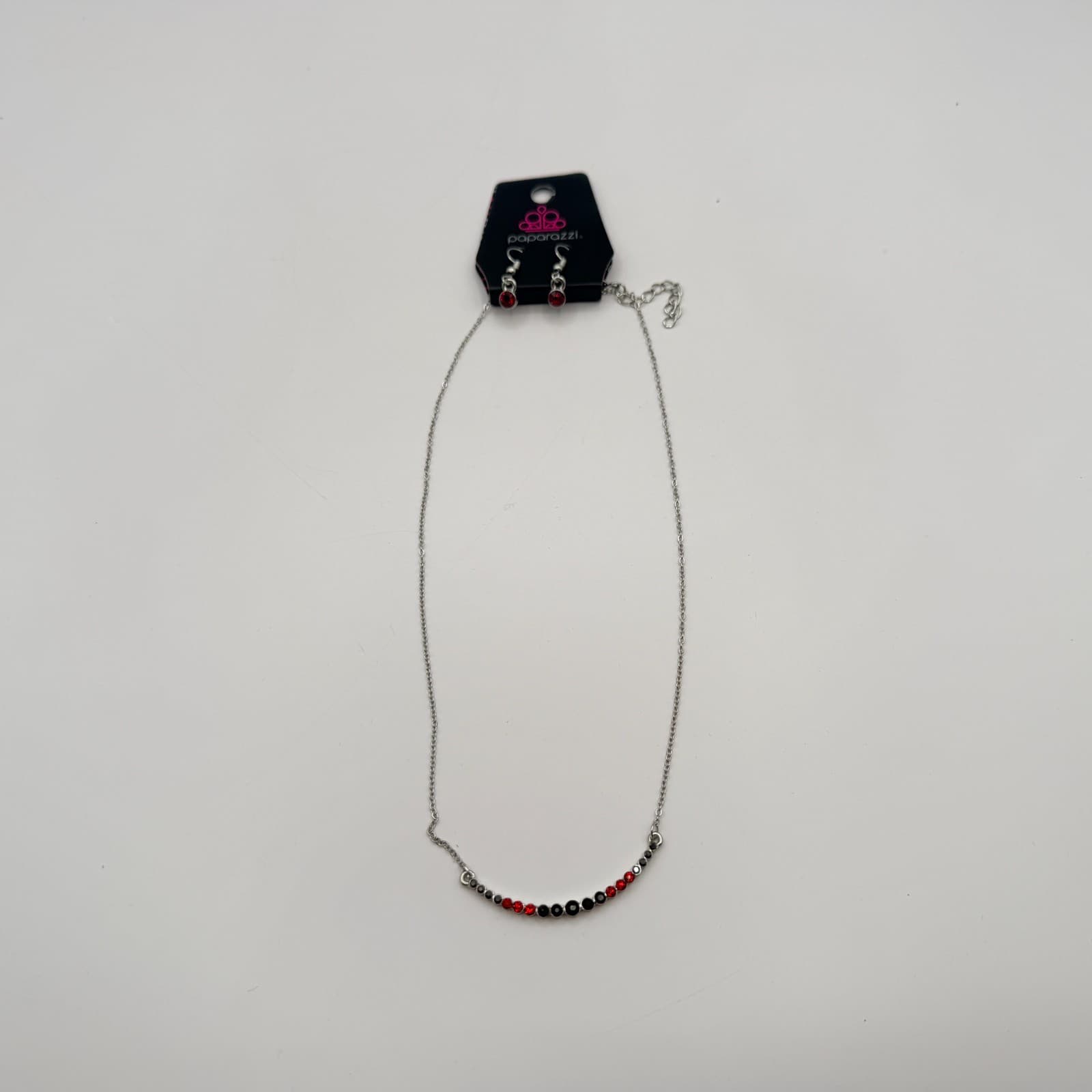 Vintage Y2K Paparazzi Red Black Rhinestone Silver Tone Necklace Earrings Jewelry - Thumbnail 6