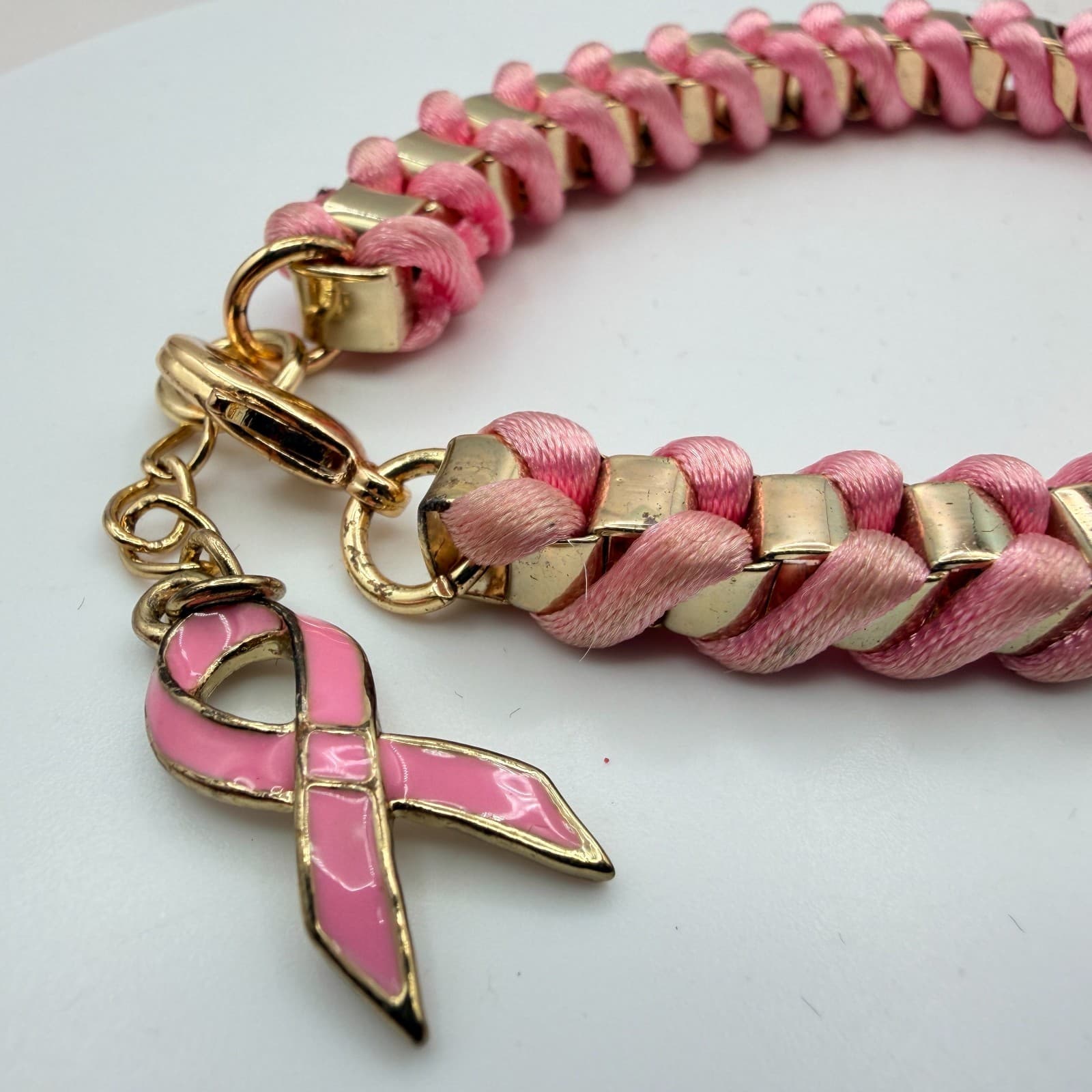 Vintage Y2K Pink Ribbon Breast Cancer Awareness Gold Tone Woven Cord Jewelry - Thumbnail 5