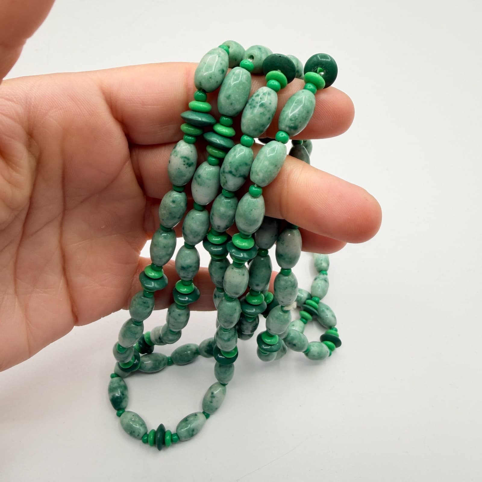 Vintage 80s Natural Jadeite Tumbled Stone Double Strand Necklace Ornate Jewelry - Thumbnail 9