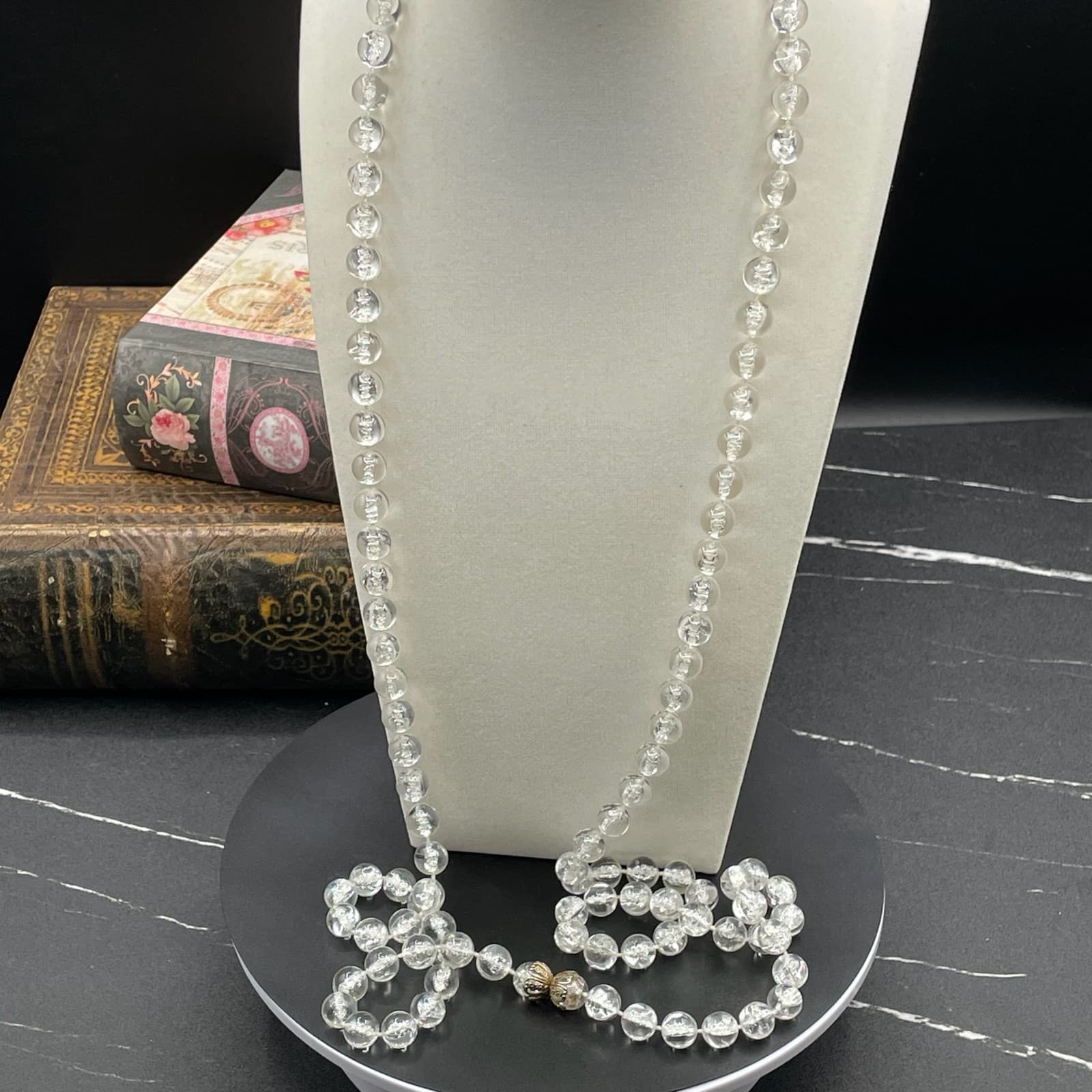Vintage Fashion Filigree Bead Cap Elegant Clear Faceted Glass Beaded Necklace - Thumbnail 2