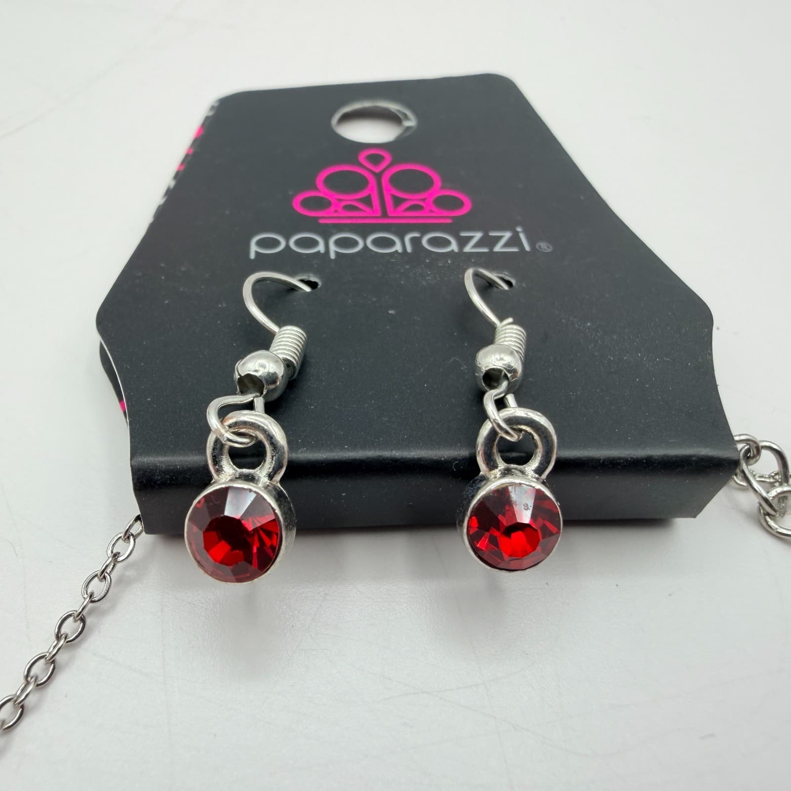 Vintage Y2K Paparazzi Red Black Rhinestone Silver Tone Necklace Earrings Jewelry - Thumbnail 9