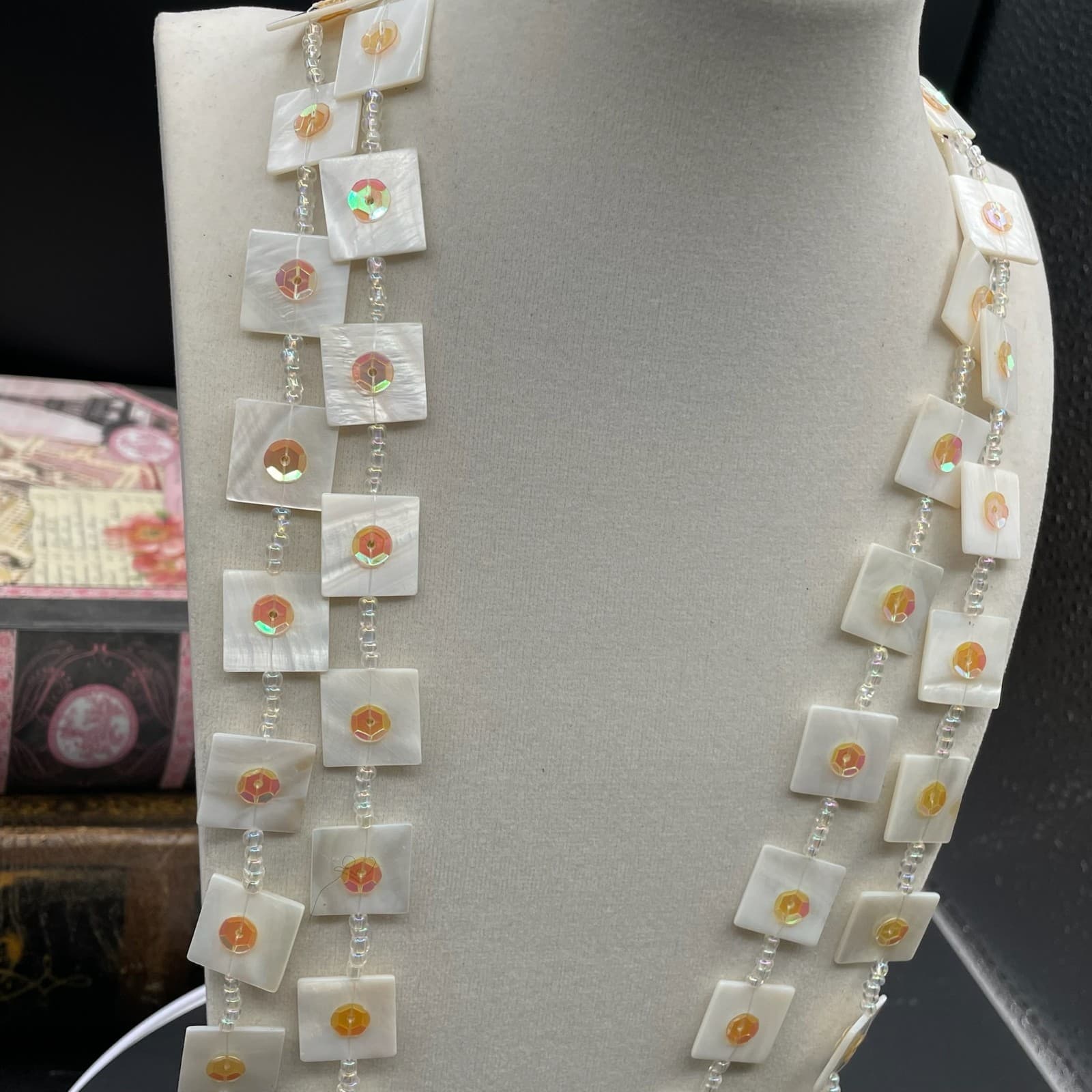 Contemporary White Mother-Of-Pearl Crystal Beaded Double Stranded Necklace - Thumbnail 2