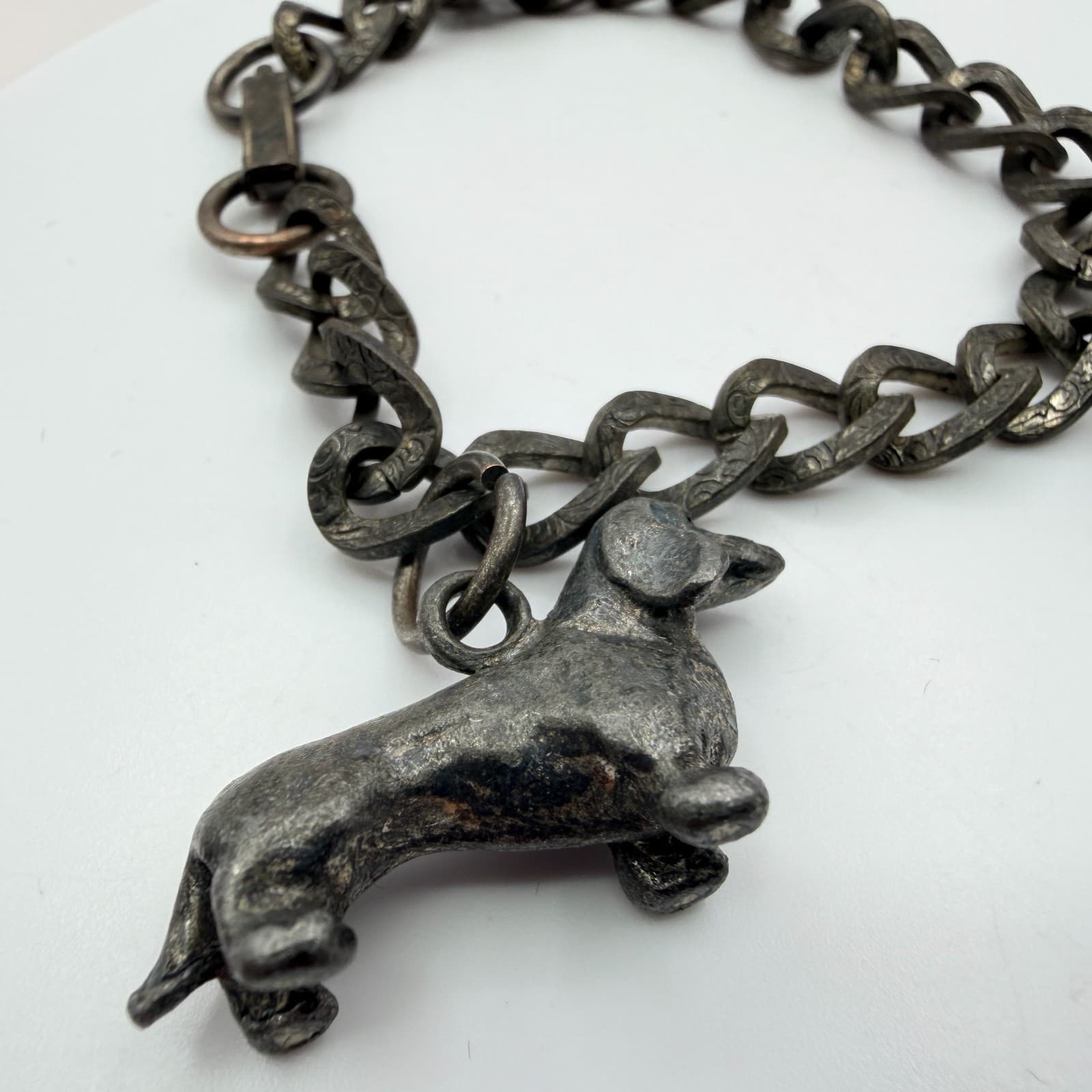 Vintage 90s Pewter Tone Curb Chain Dog Charm Bracelet Women's Classic Jewelry - Thumbnail 5