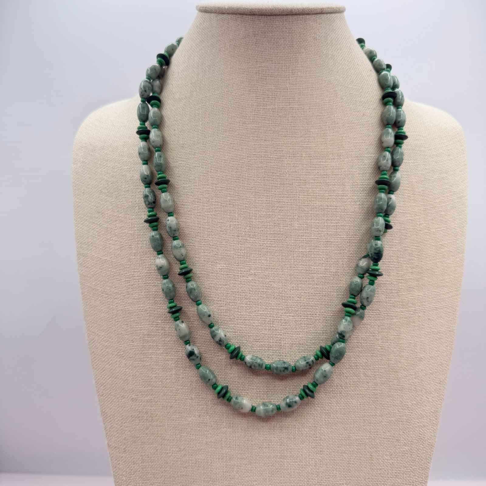Vintage 80s Natural Jadeite Tumbled Stone Double Strand Necklace Ornate Jewelry - Thumbnail 8