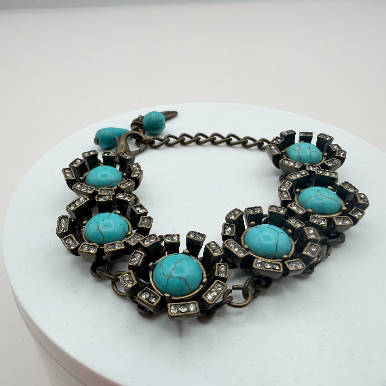 Vintage Y2K Plunder Bronze Tone Turquoise Rhinestone Bracelet Women's Jewelry - Thumbnail 3