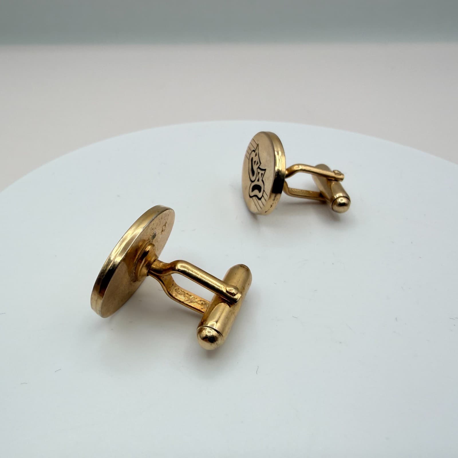 Vintage 90s Gold Tone Comedy Tragedy Theater Masks Oval Cufflinks Art Jewelry - Thumbnail 5
