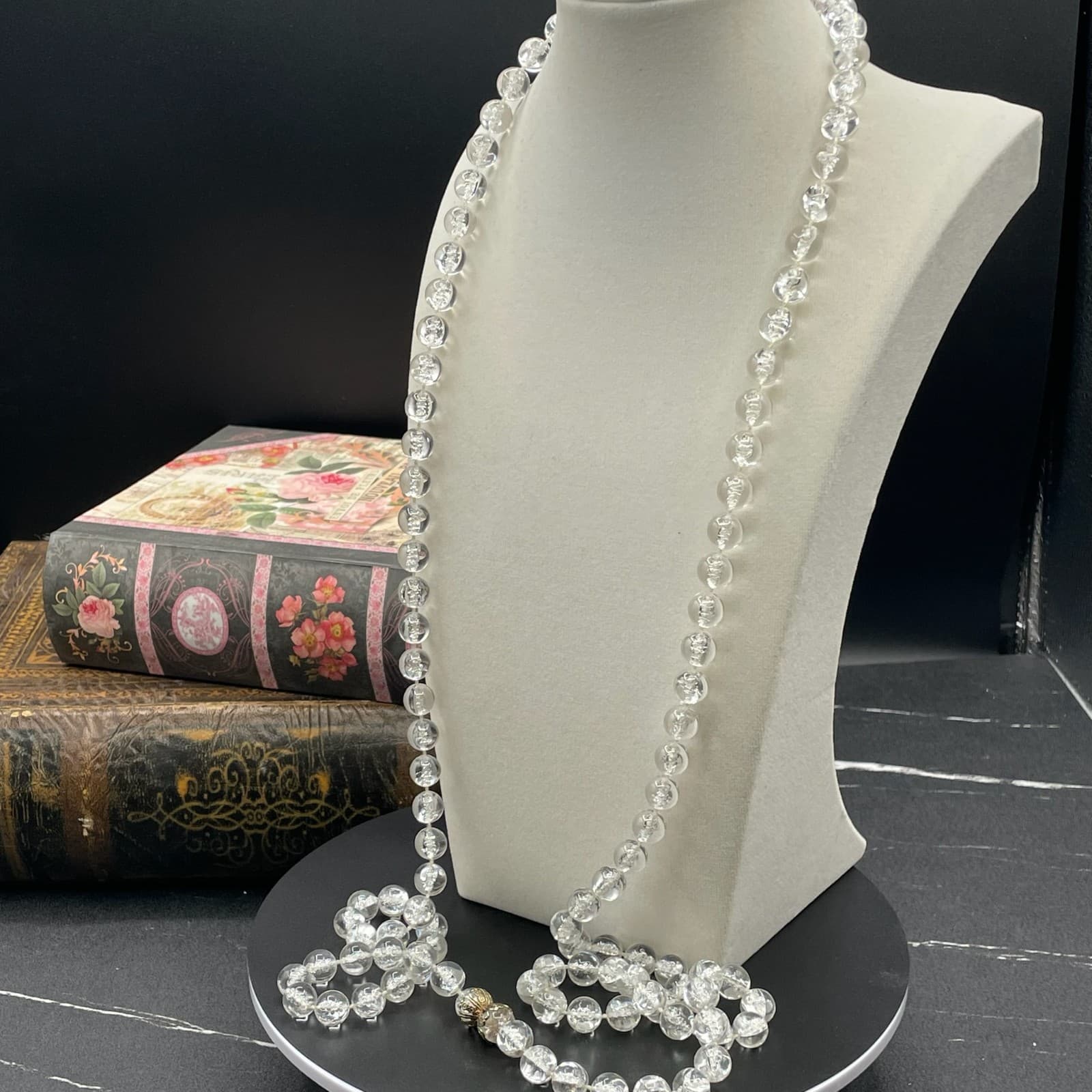 Vintage Fashion Filigree Bead Cap Elegant Clear Faceted Glass Beaded Necklace - Thumbnail 3