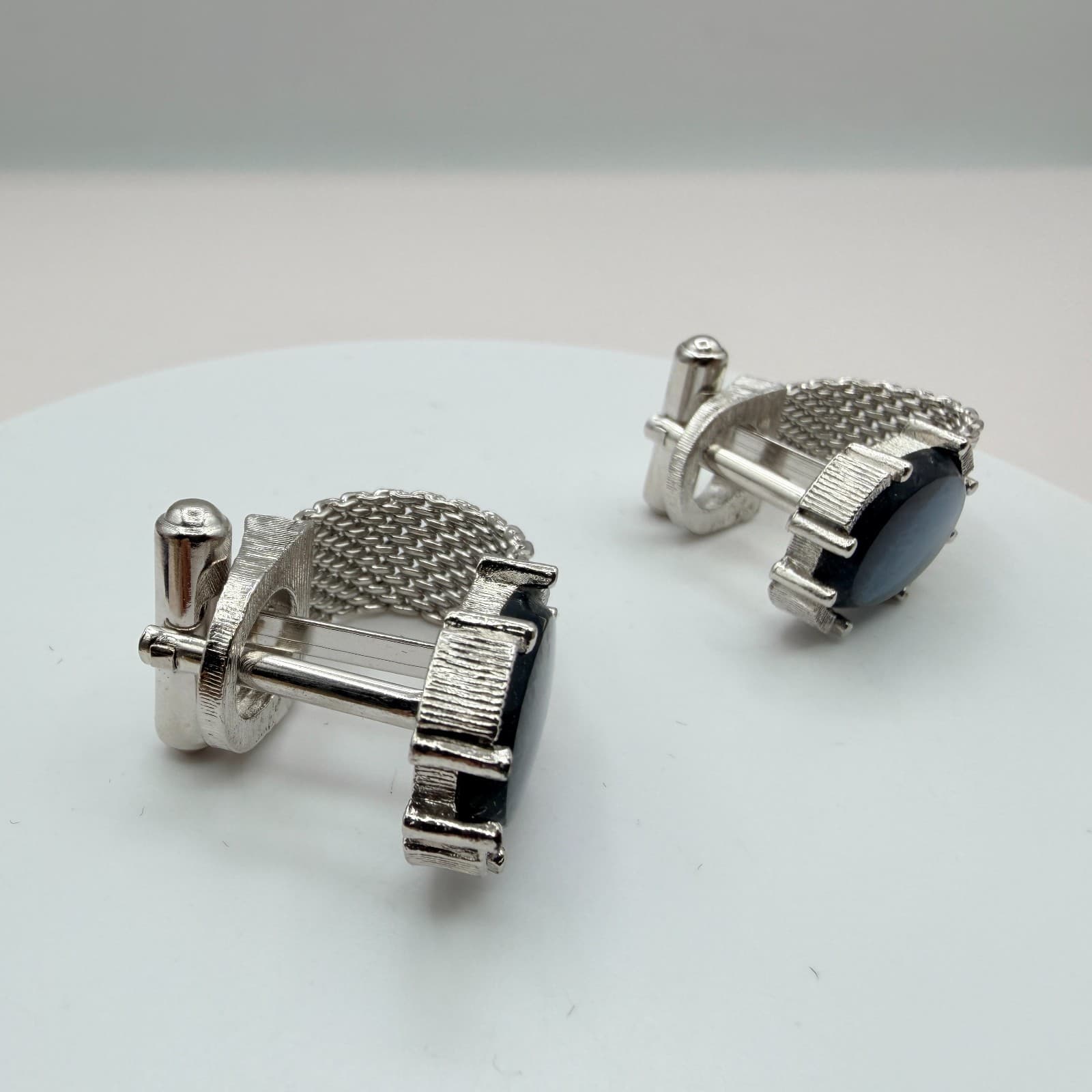 Vintage 60s Mid Century Cufflinks Silver Tone Blue Cabochon Glass Mesh Link Art - Thumbnail 5