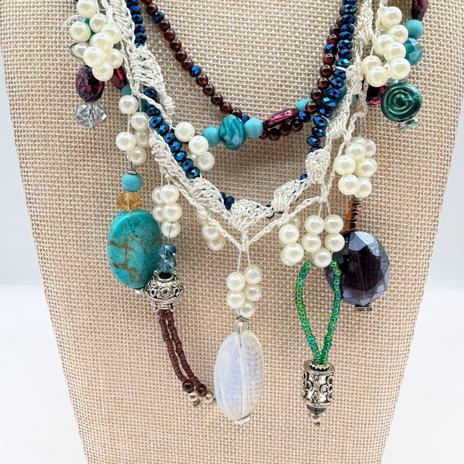 Vintage Y2K Multi Strand Beaded Turquoise Pearl Necklace Boho Statement Jewelry - Thumbnail 2