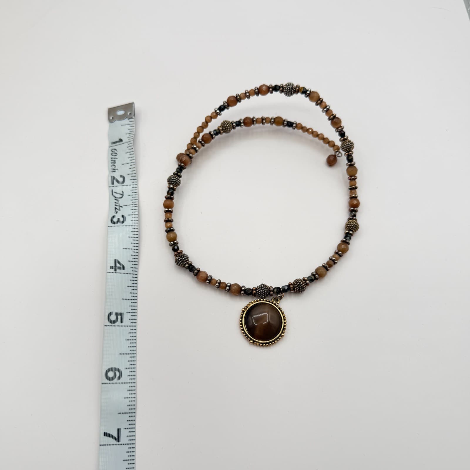 Vintage 90s Gold Tone Beaded Round Pendant Necklace Boho Women's Classic Jewelry - Thumbnail 11