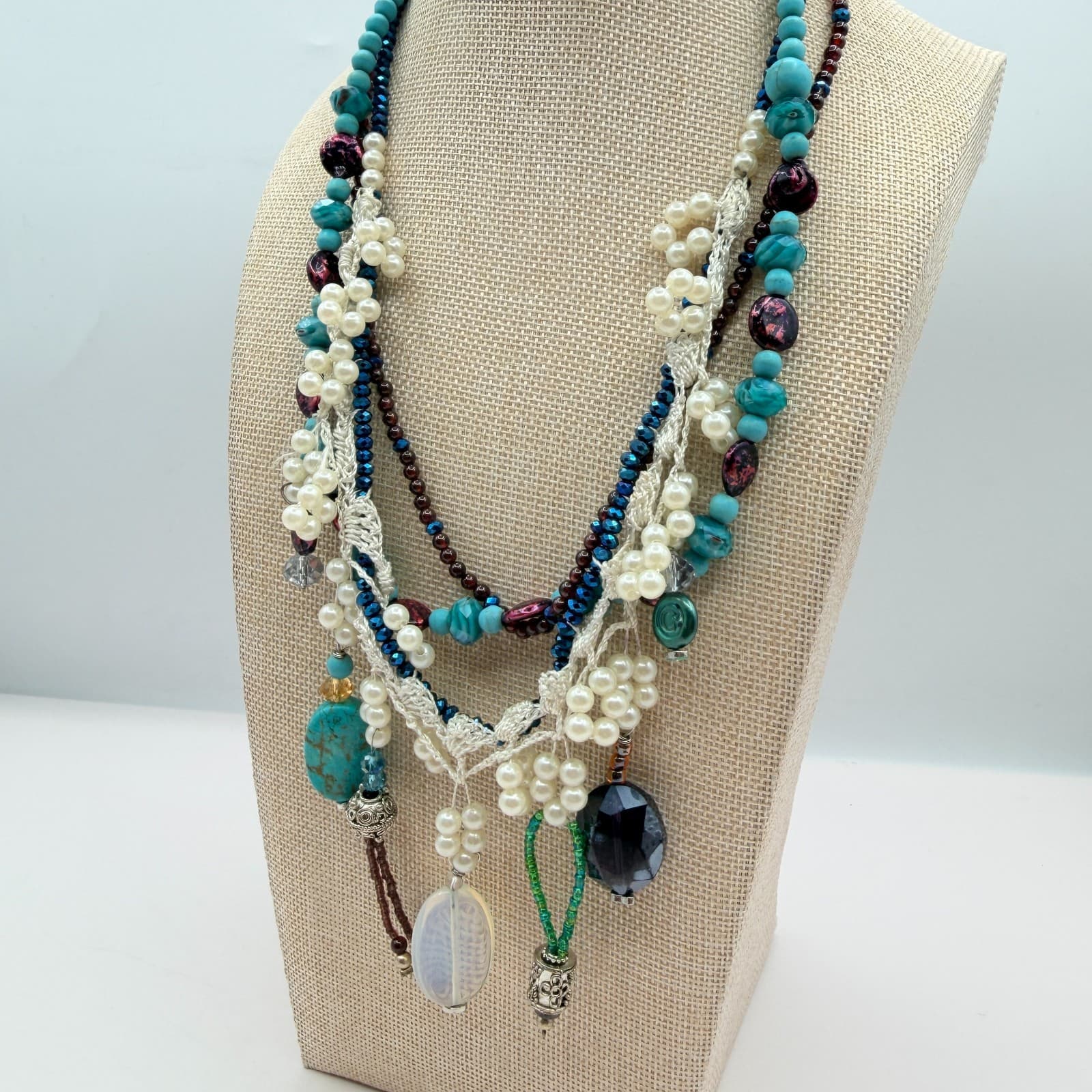 Vintage Y2K Multi Strand Beaded Turquoise Pearl Necklace Boho Statement Jewelry - Thumbnail 9