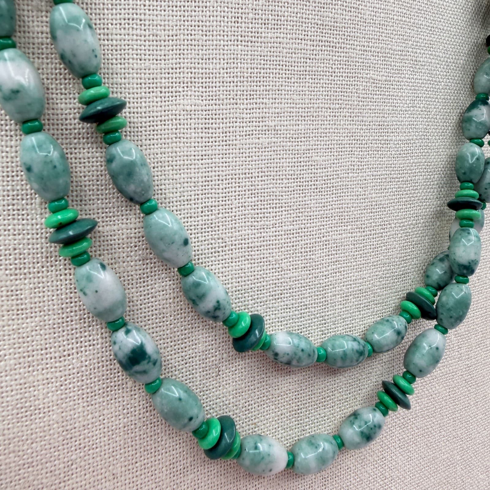 Vintage 80s Natural Jadeite Tumbled Stone Double Strand Necklace Ornate Jewelry - Thumbnail 3