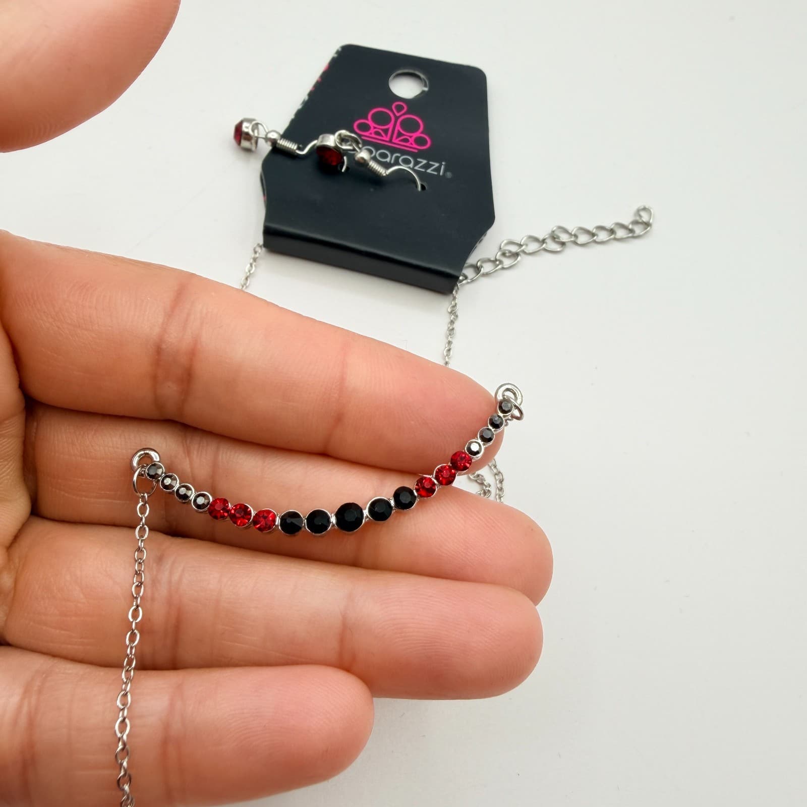 Vintage Y2K Paparazzi Red Black Rhinestone Silver Tone Necklace Earrings Jewelry - Thumbnail 7