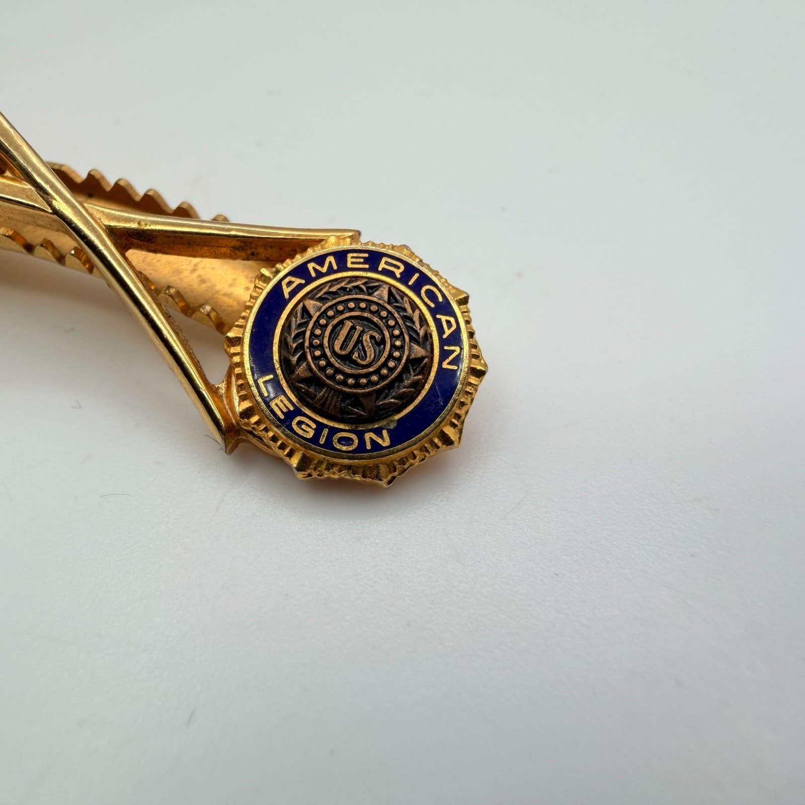 Vintage 90s American Legion Tie Bar Gold Tone Leavens Co Attleboro Mass Enamel - Image 1