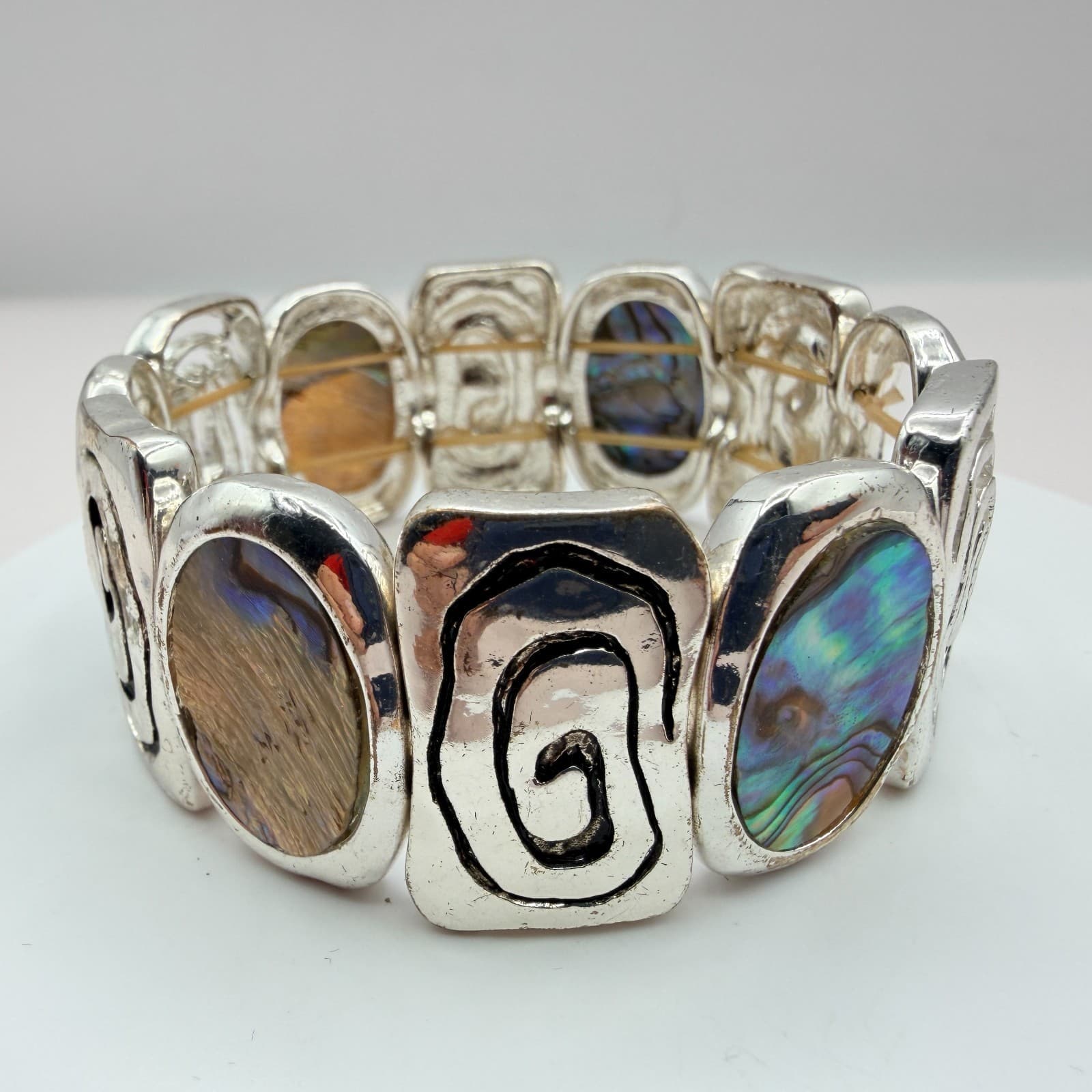 Vintage Y2K Silver Tone Abalone Shell Stretch Bracelet Boho Swirl Inlay Jewelry - Thumbnail 6