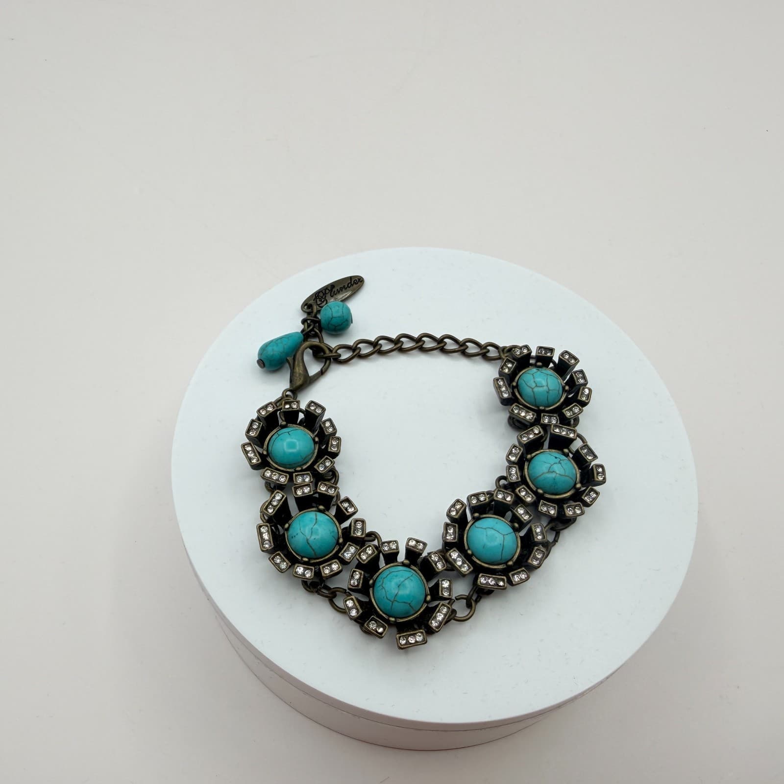 Vintage Y2K Plunder Bronze Tone Turquoise Rhinestone Bracelet Women's Jewelry - Thumbnail 2