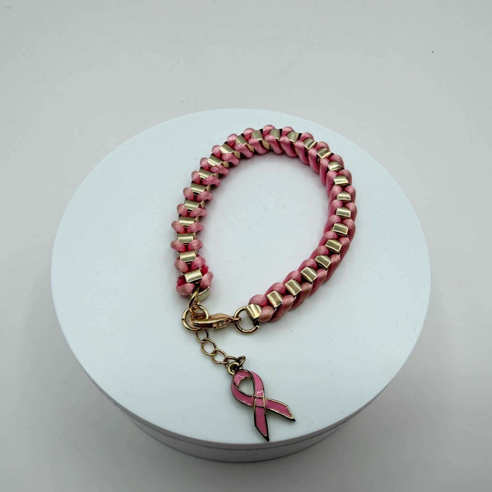 Vintage Y2K Pink Ribbon Breast Cancer Awareness Gold Tone Woven Cord Jewelry - Thumbnail 11