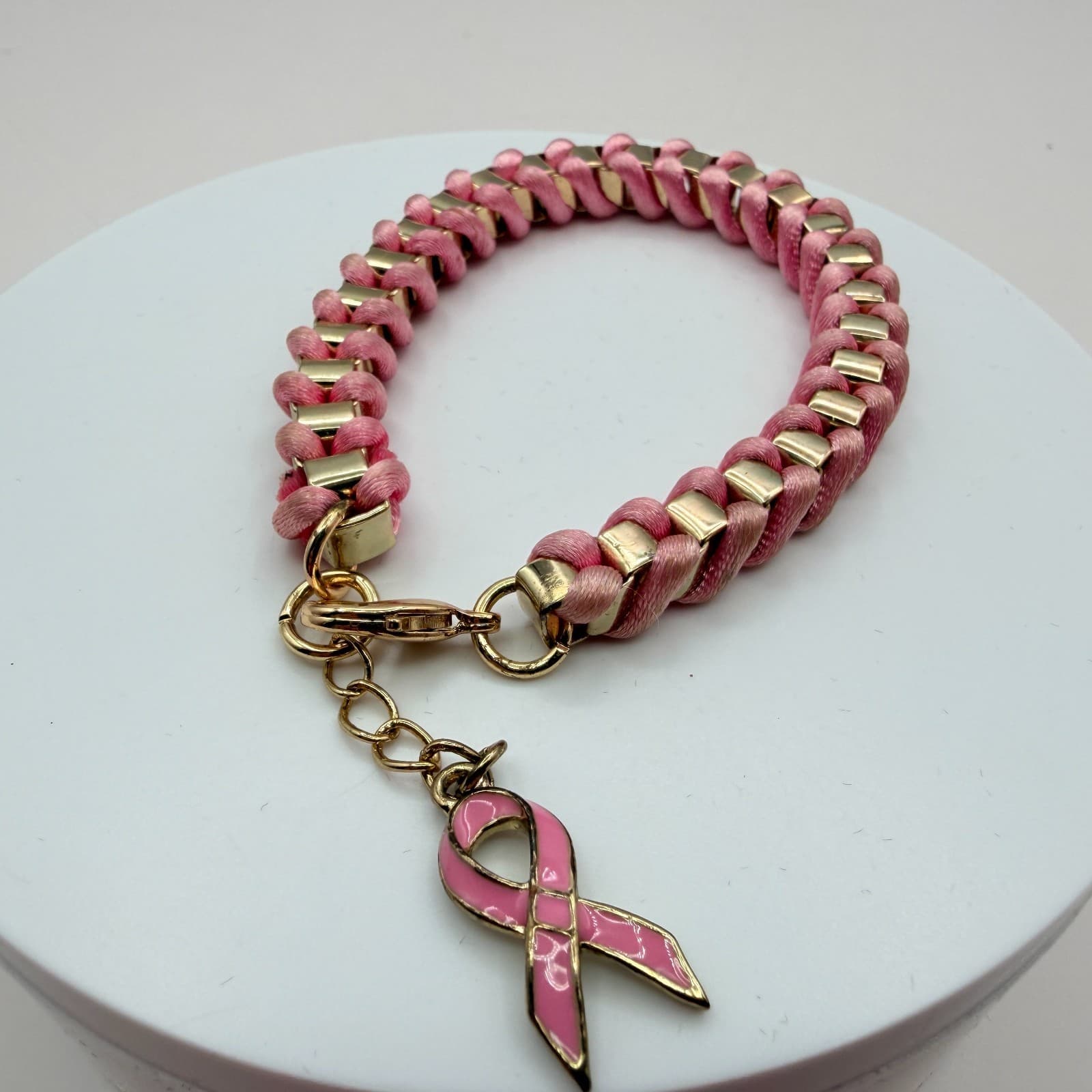 Vintage Y2K Pink Ribbon Breast Cancer Awareness Gold Tone Woven Cord Jewelry - Thumbnail 8
