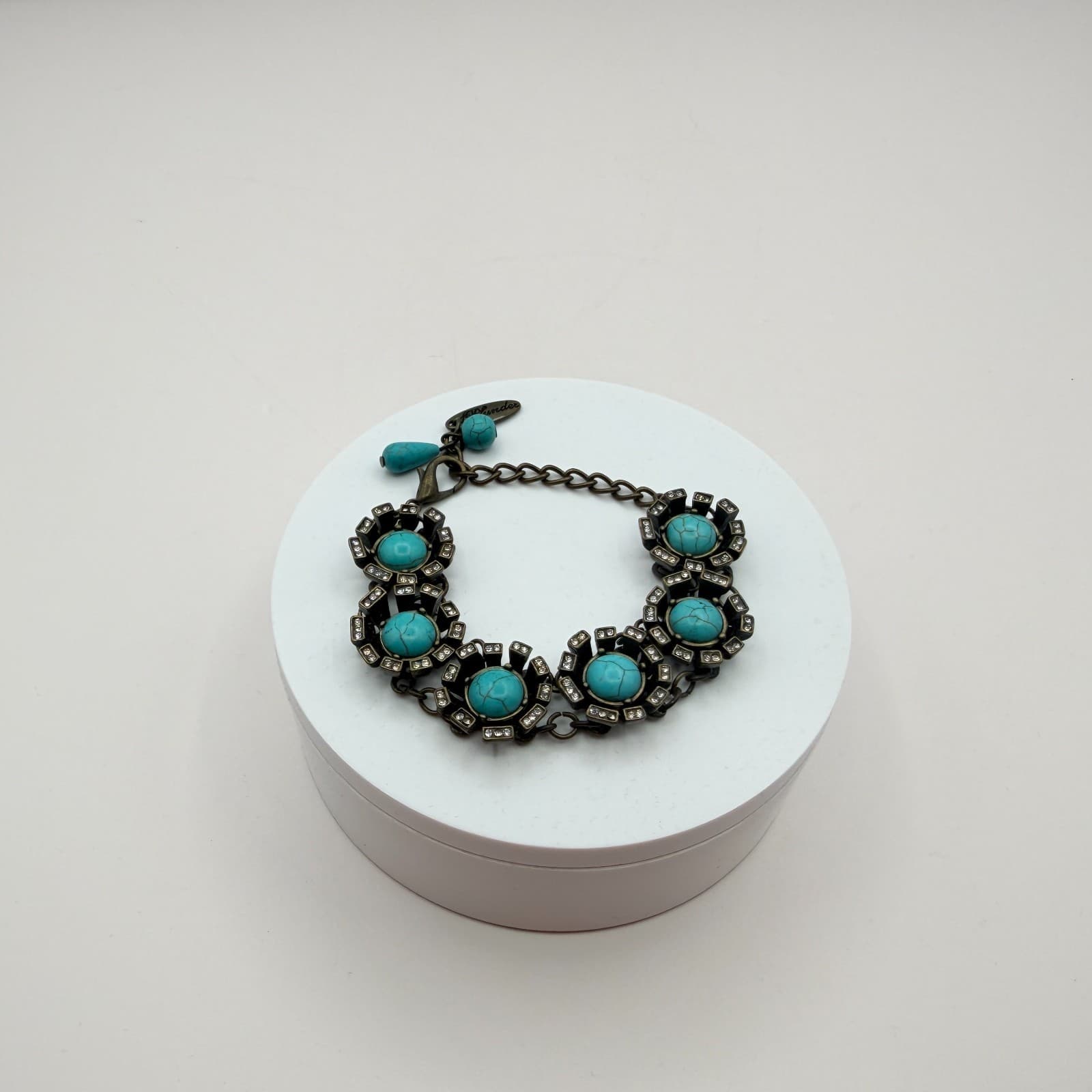Vintage Y2K Plunder Bronze Tone Turquoise Rhinestone Bracelet Women's Jewelry - Thumbnail 8
