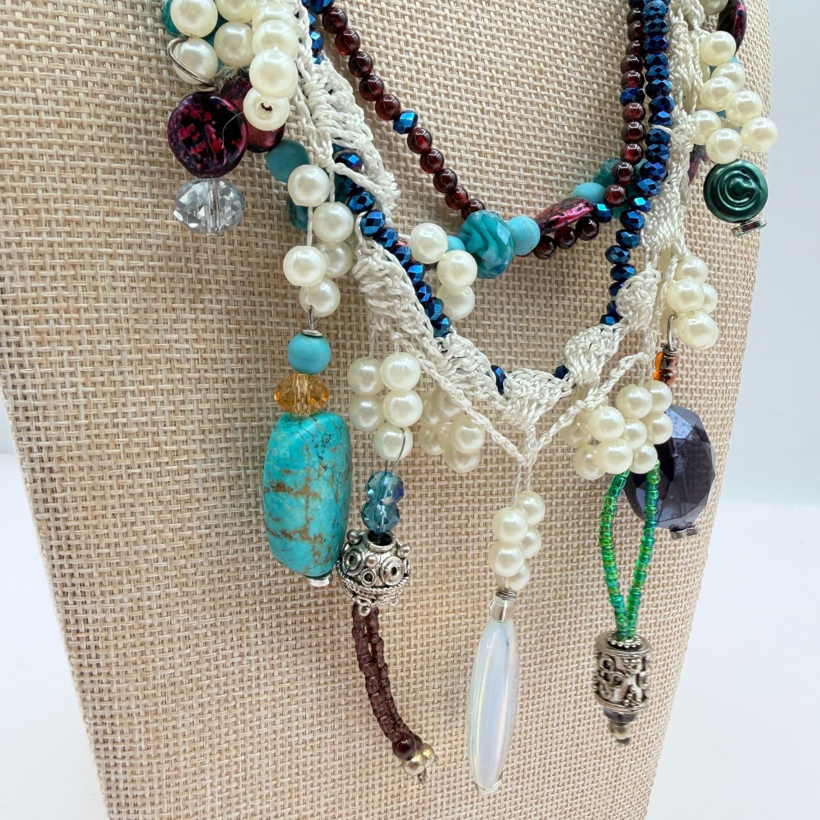 Vintage Y2K Multi Strand Beaded Turquoise Pearl Necklace Boho Statement Jewelry - Thumbnail 3