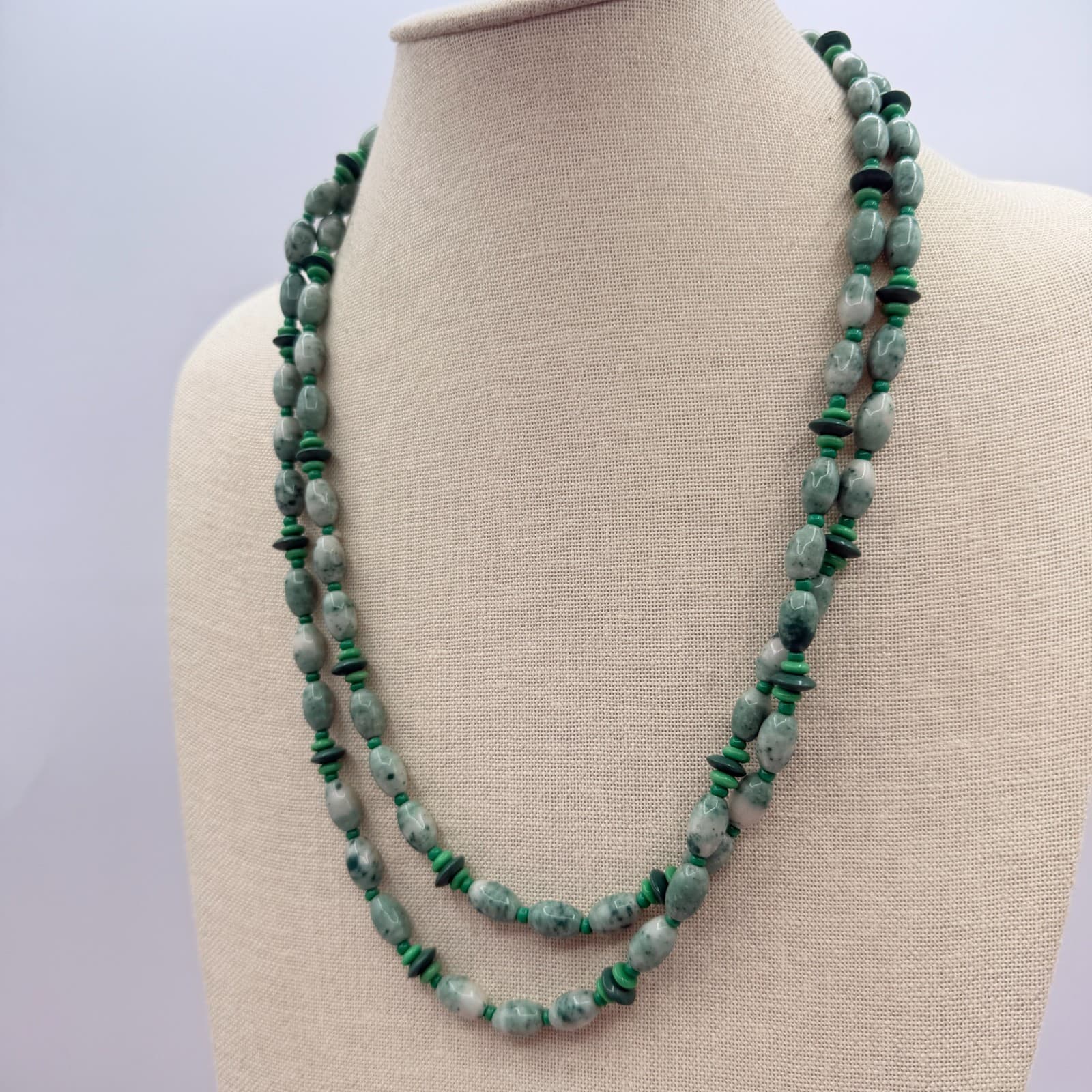 Vintage 80s Natural Jadeite Tumbled Stone Double Strand Necklace Ornate Jewelry - Thumbnail 7