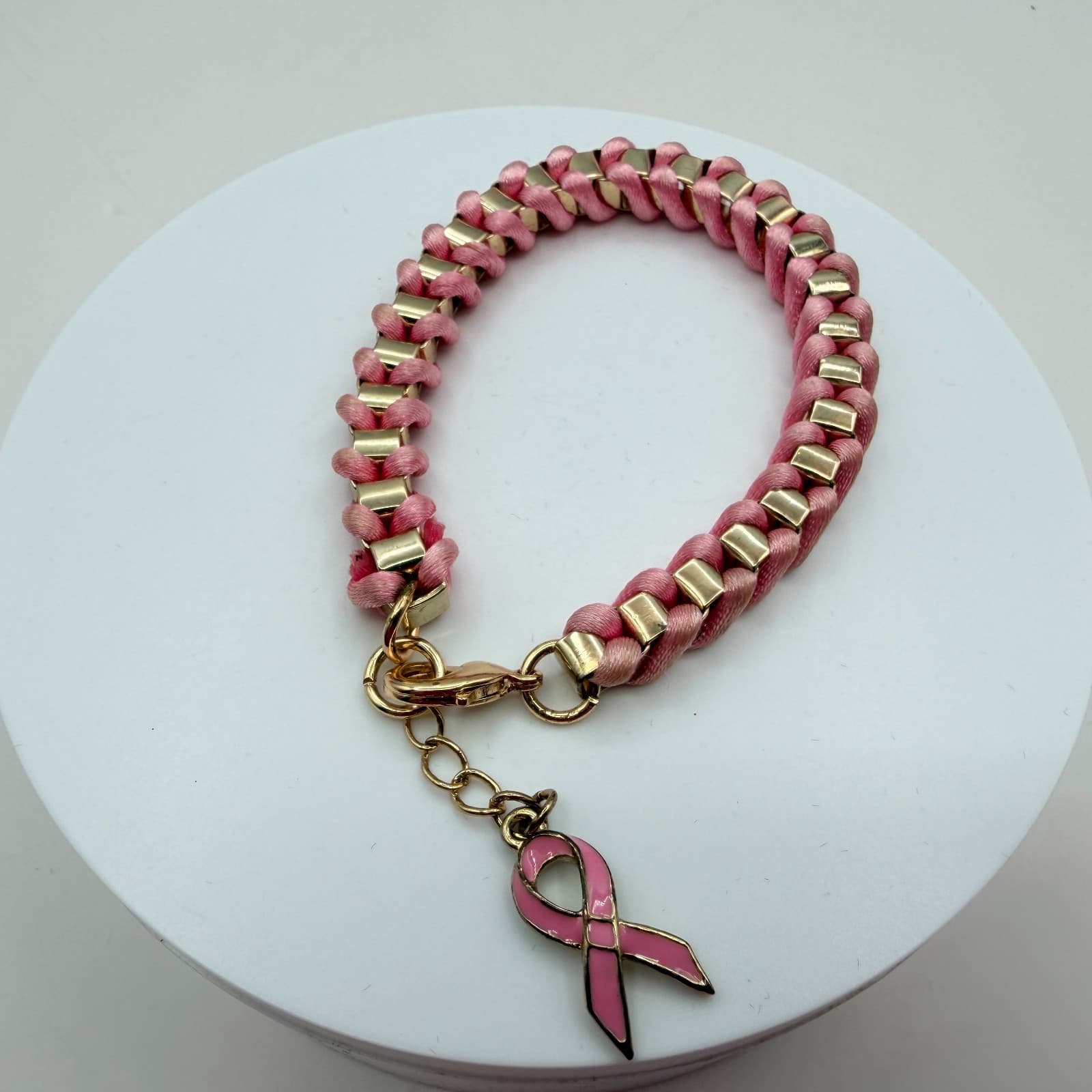 Vintage Y2K Pink Ribbon Breast Cancer Awareness Gold Tone Woven Cord Jewelry - Thumbnail 10
