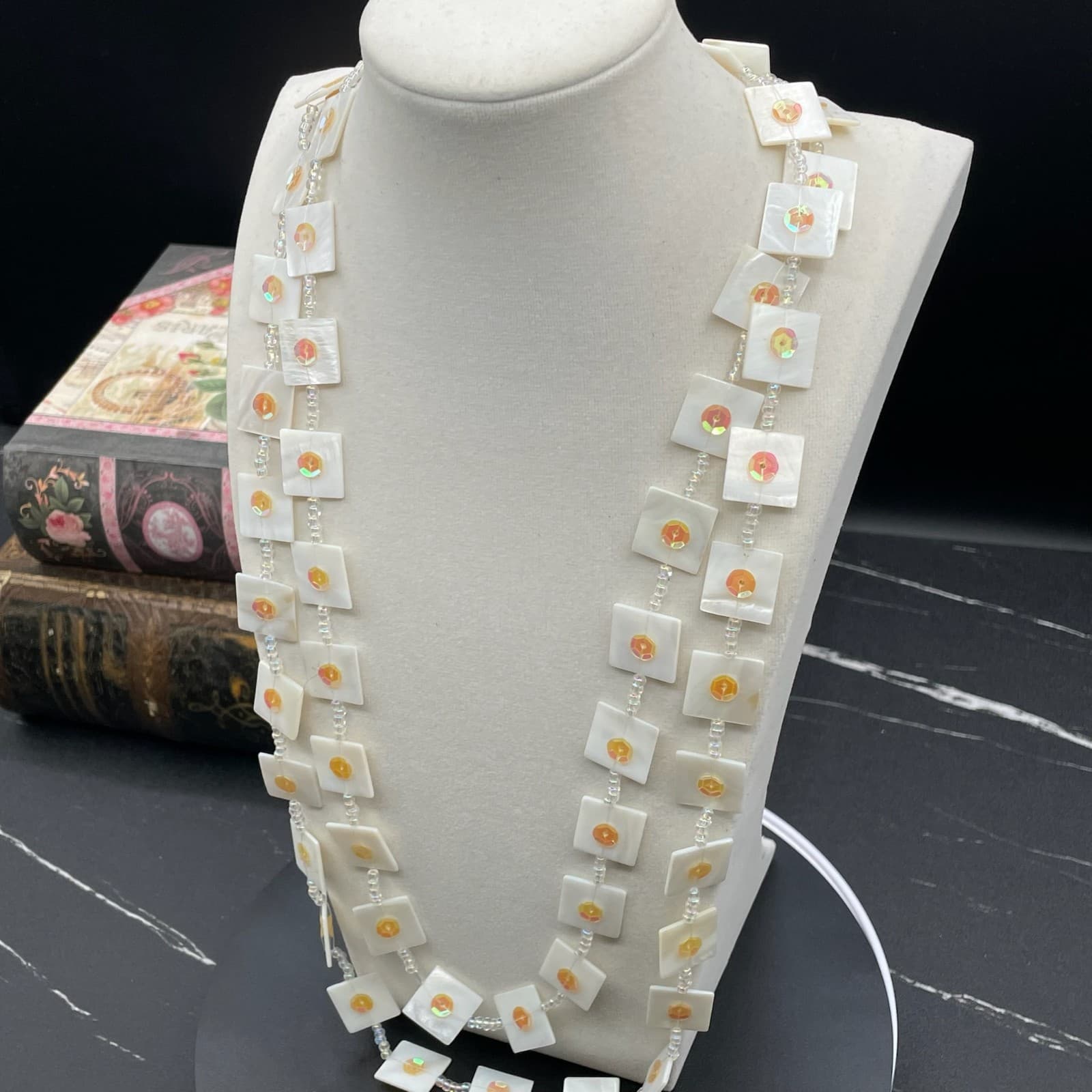 Contemporary White Mother-Of-Pearl Crystal Beaded Double Stranded Necklace - Thumbnail 6