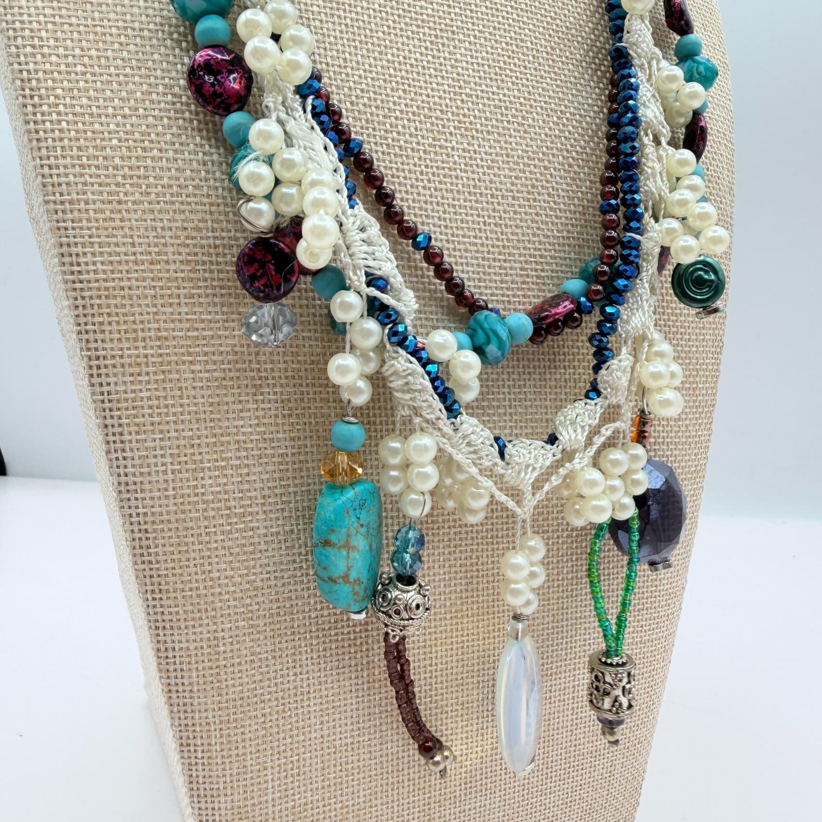 Vintage Y2K Multi Strand Beaded Turquoise Pearl Necklace Boho Statement Jewelry - Thumbnail 4