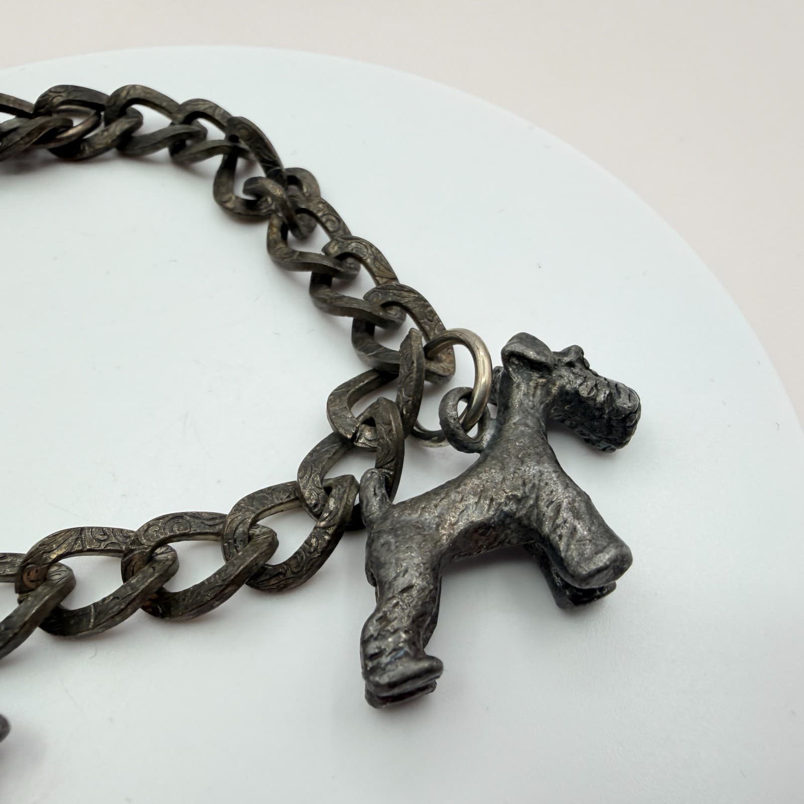 Vintage 90s Pewter Tone Curb Chain Dog Charm Bracelet Women's Classic Jewelry - Thumbnail 6