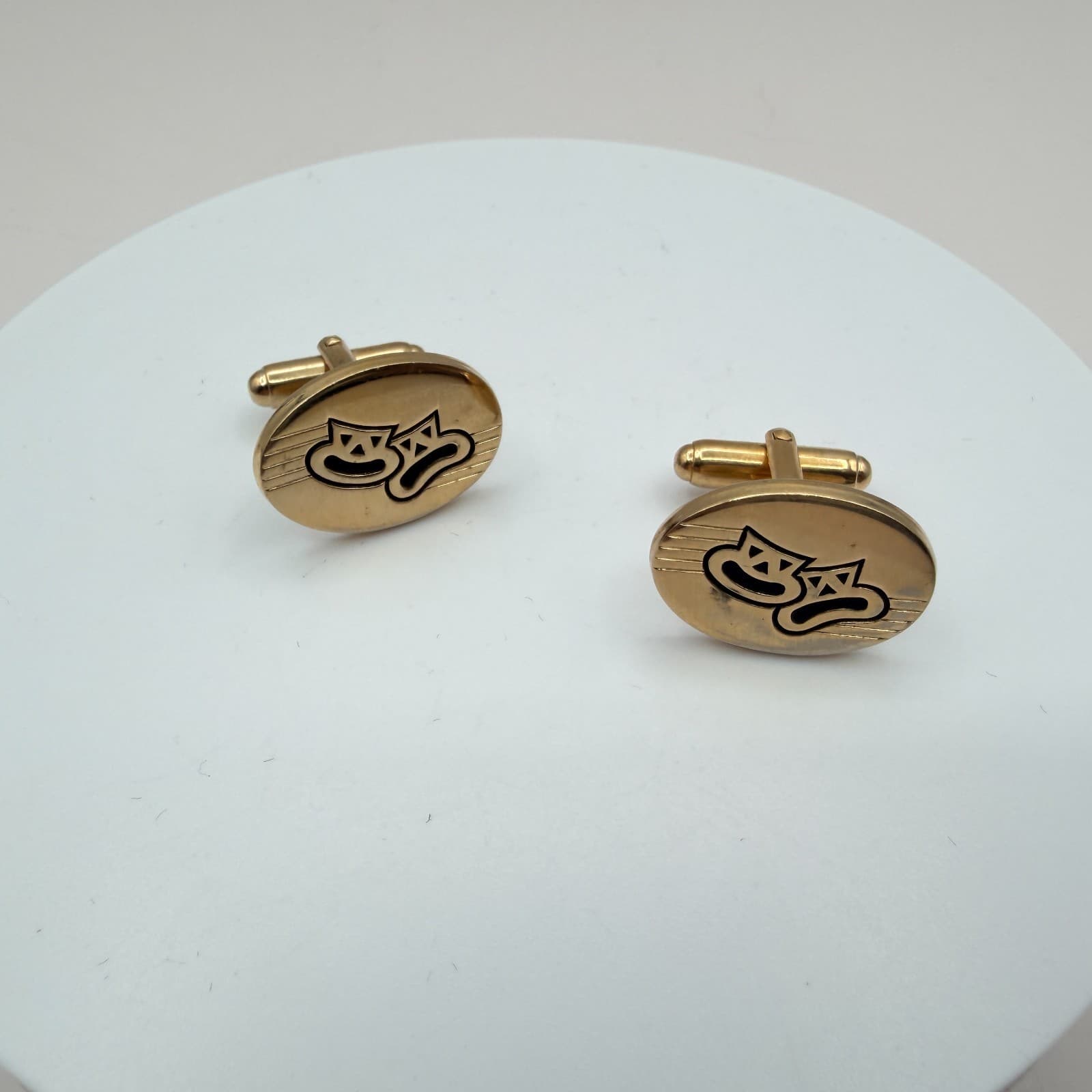 Vintage 90s Gold Tone Comedy Tragedy Theater Masks Oval Cufflinks Art Jewelry - Thumbnail 4