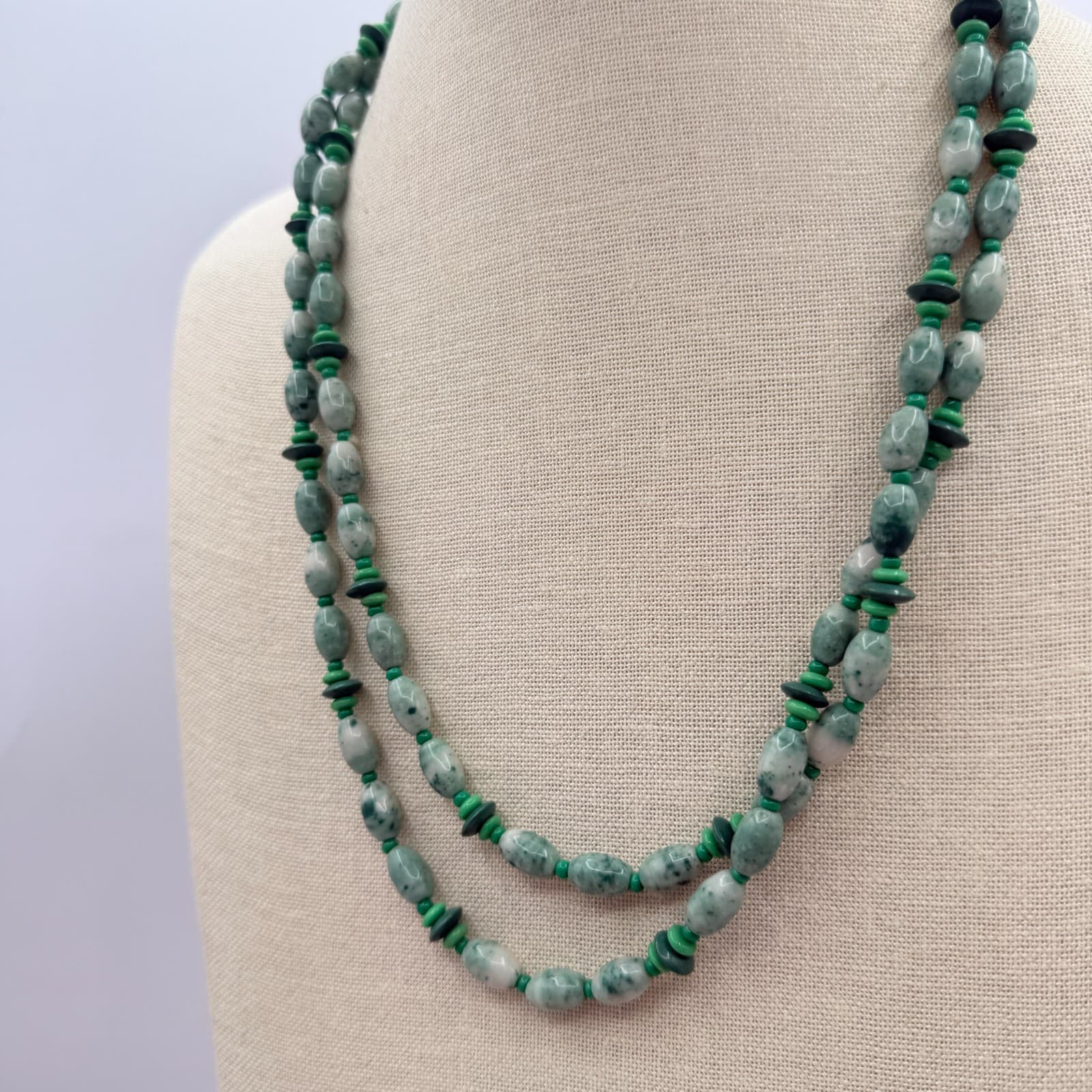 Vintage 80s Natural Jadeite Tumbled Stone Double Strand Necklace Ornate Jewelry - Thumbnail 6
