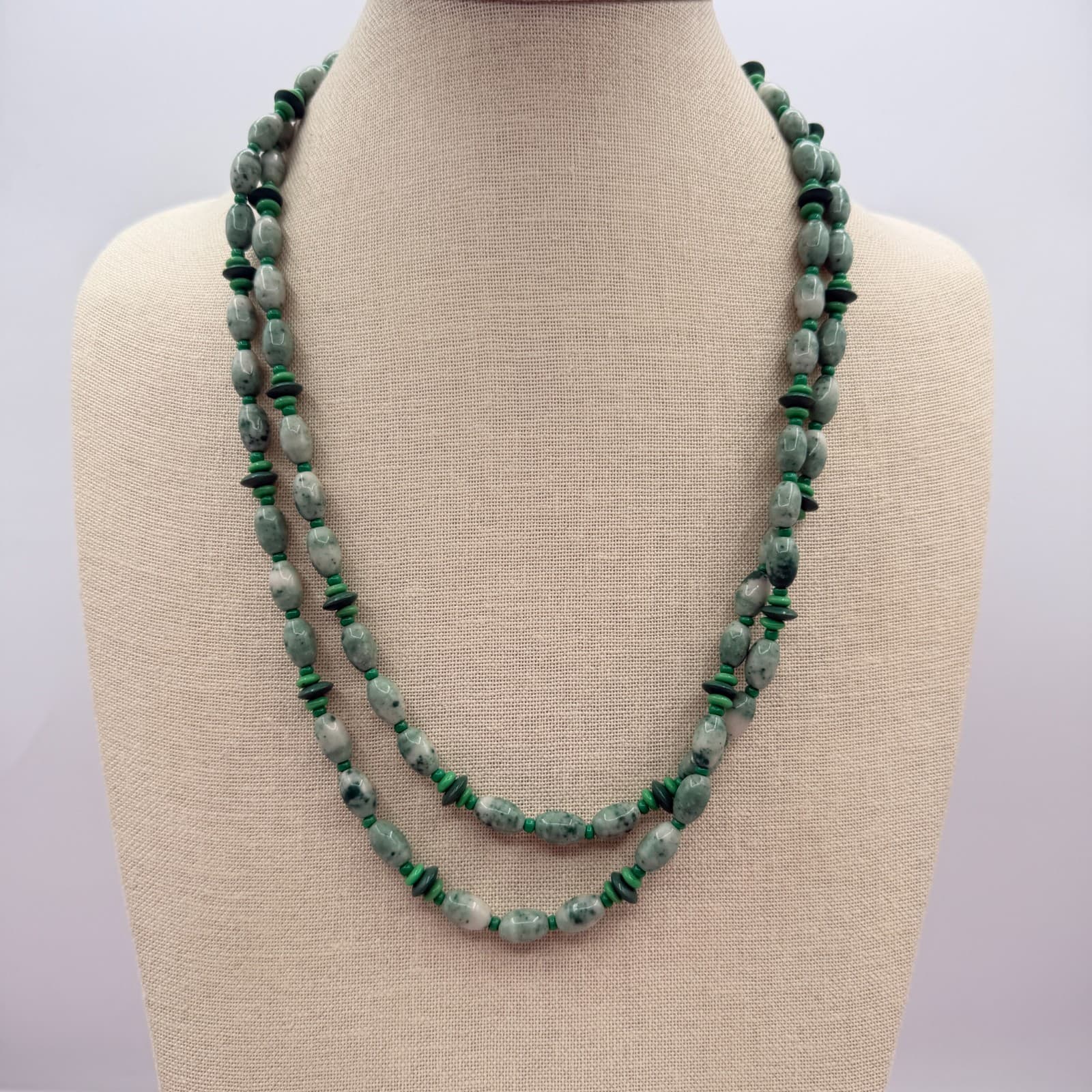 Vintage 80s Natural Jadeite Tumbled Stone Double Strand Necklace Ornate Jewelry - Image 1