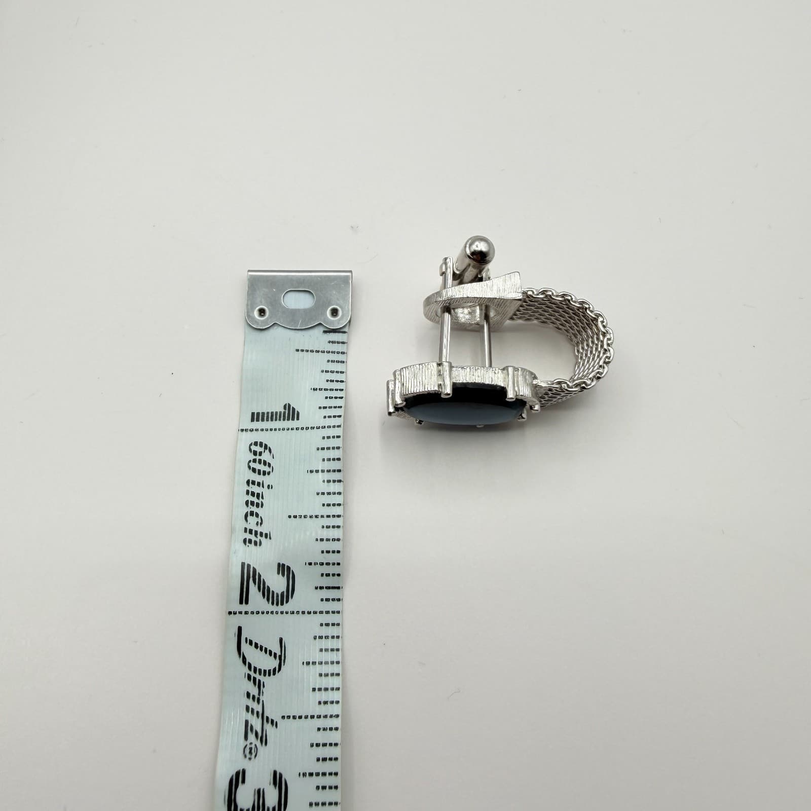 Vintage 60s Mid Century Cufflinks Silver Tone Blue Cabochon Glass Mesh Link Art - Thumbnail 10