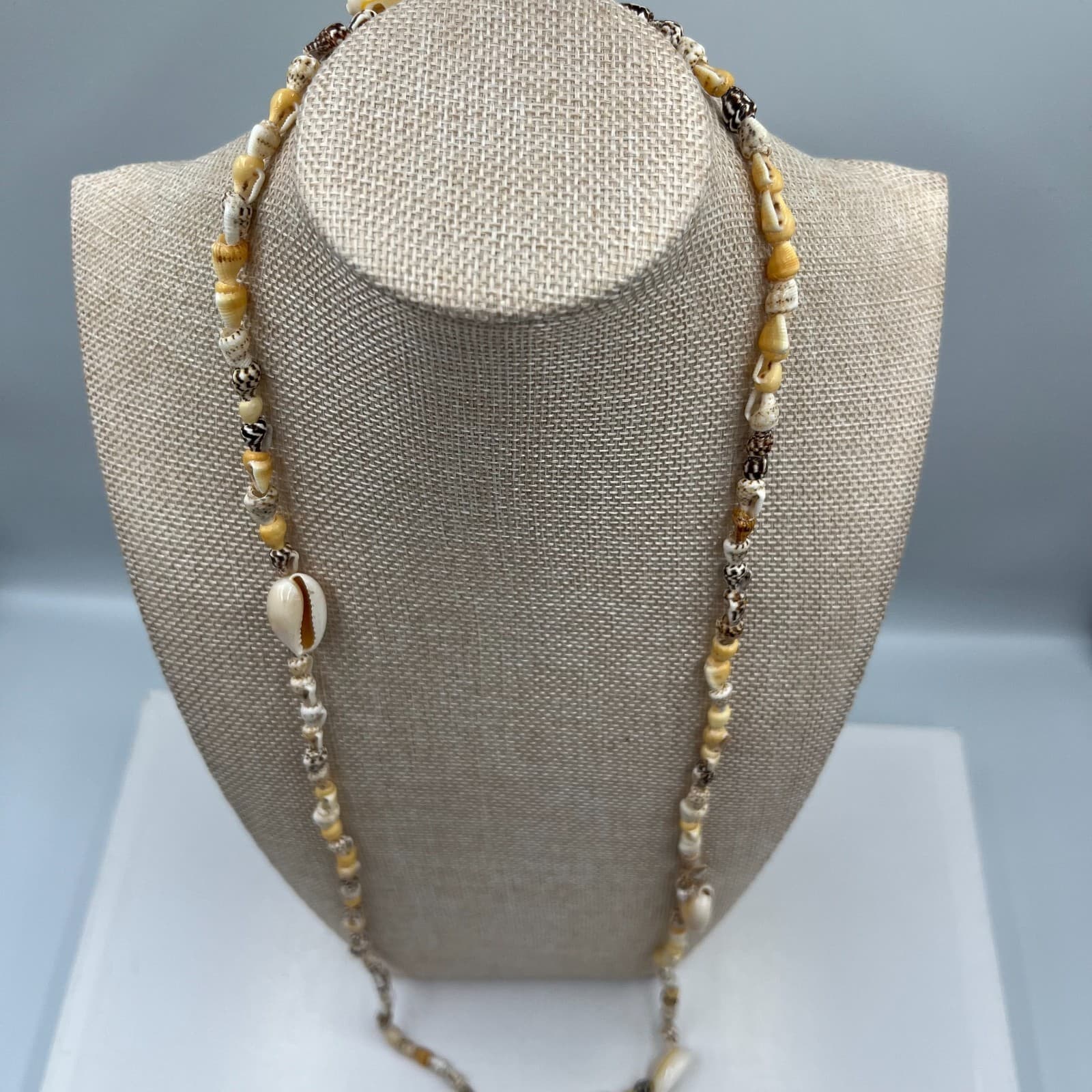 Vintage Tropical White Tan Brown Cowrie Nassa Seashell Beaded Opera Necklace - Thumbnail 4