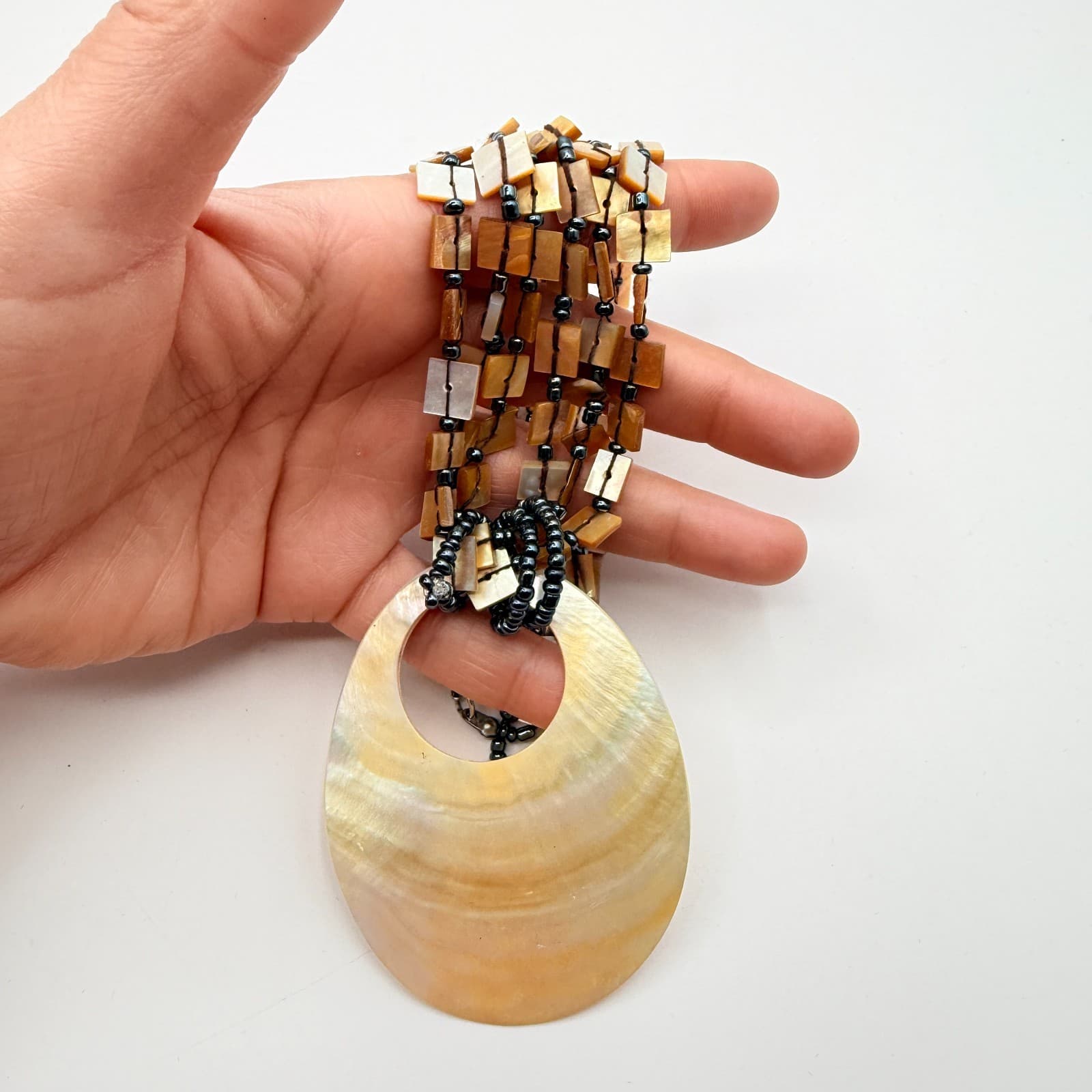 VTG 90s Silver Tone Beaded Mother of Pearl Pendant Necklace Statement Jewelry - Thumbnail 9