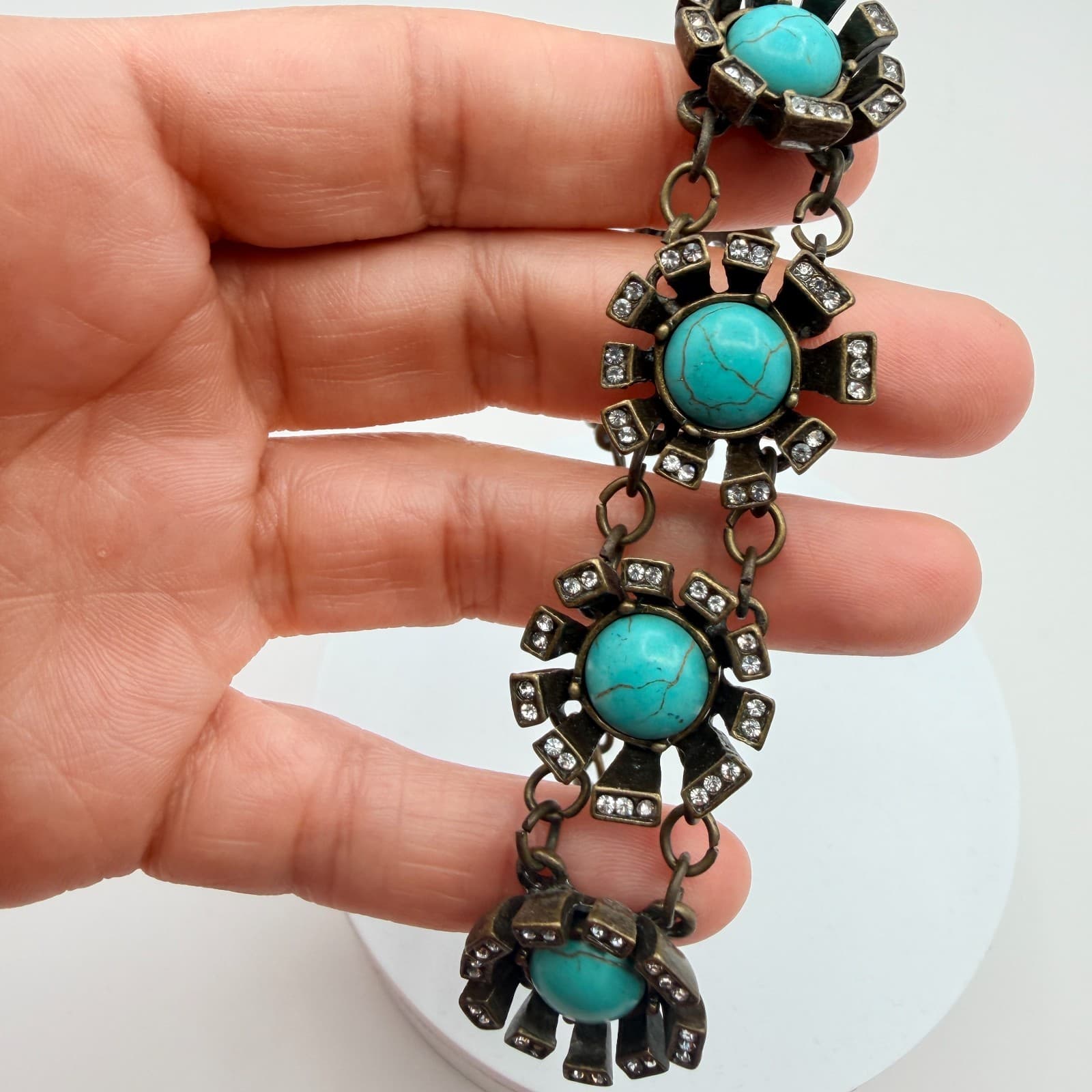 Vintage Y2K Plunder Bronze Tone Turquoise Rhinestone Bracelet Women's Jewelry - Thumbnail 9