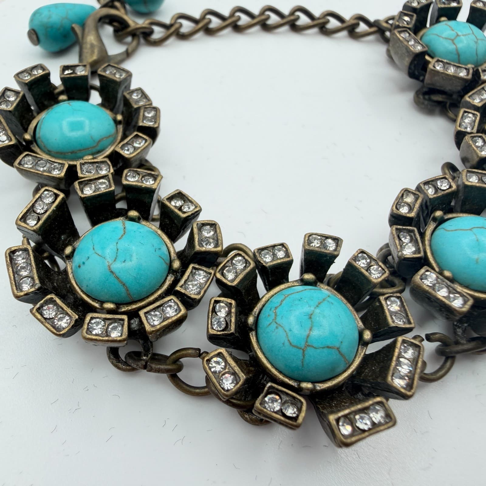 Vintage Y2K Plunder Bronze Tone Turquoise Rhinestone Bracelet Women's Jewelry - Thumbnail 4