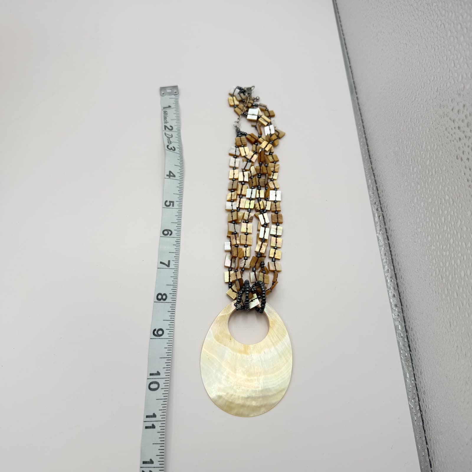 VTG 90s Silver Tone Beaded Mother of Pearl Pendant Necklace Statement Jewelry - Thumbnail 10