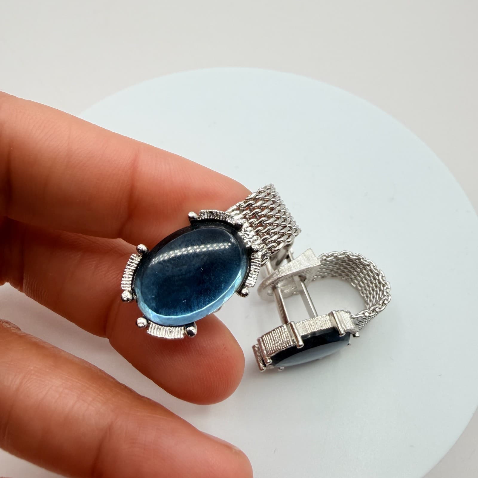Vintage 60s Mid Century Cufflinks Silver Tone Blue Cabochon Glass Mesh Link Art - Thumbnail 9